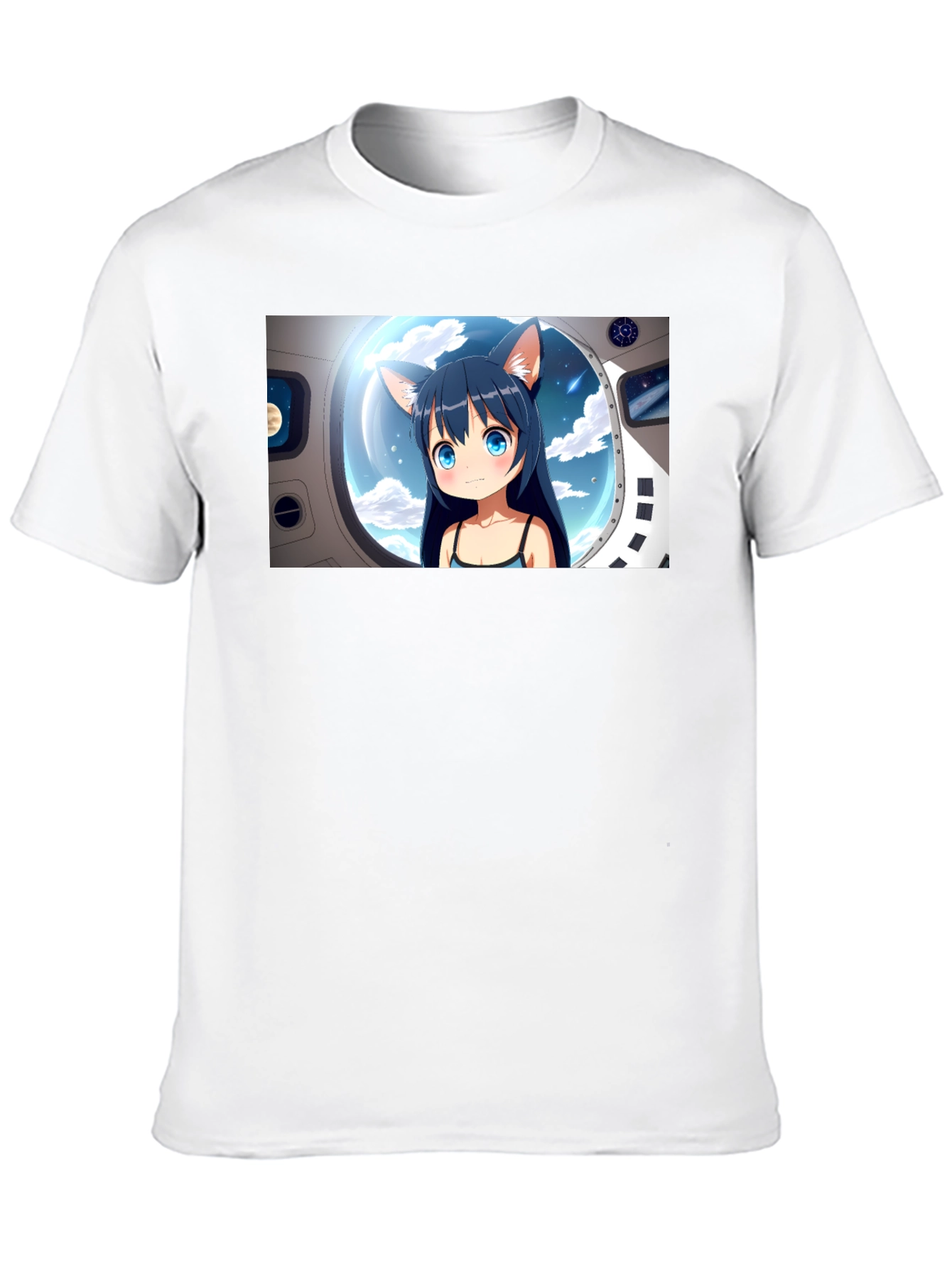 Anime Cat Girl in Space Black T-Shirt