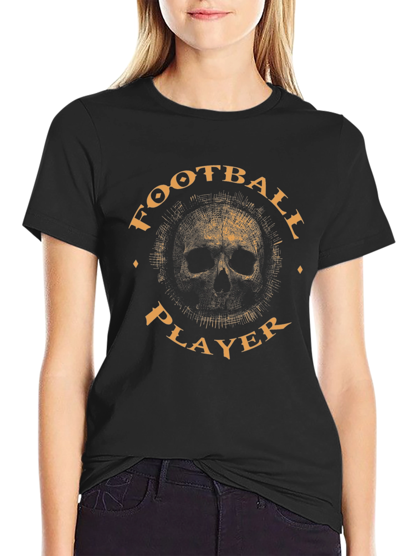 Football Player Skull Graphic Black T-Shirt