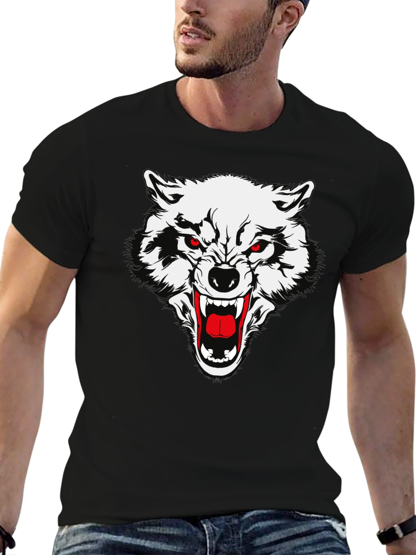 Black T-Shirt with Fierce Wolf Graphic