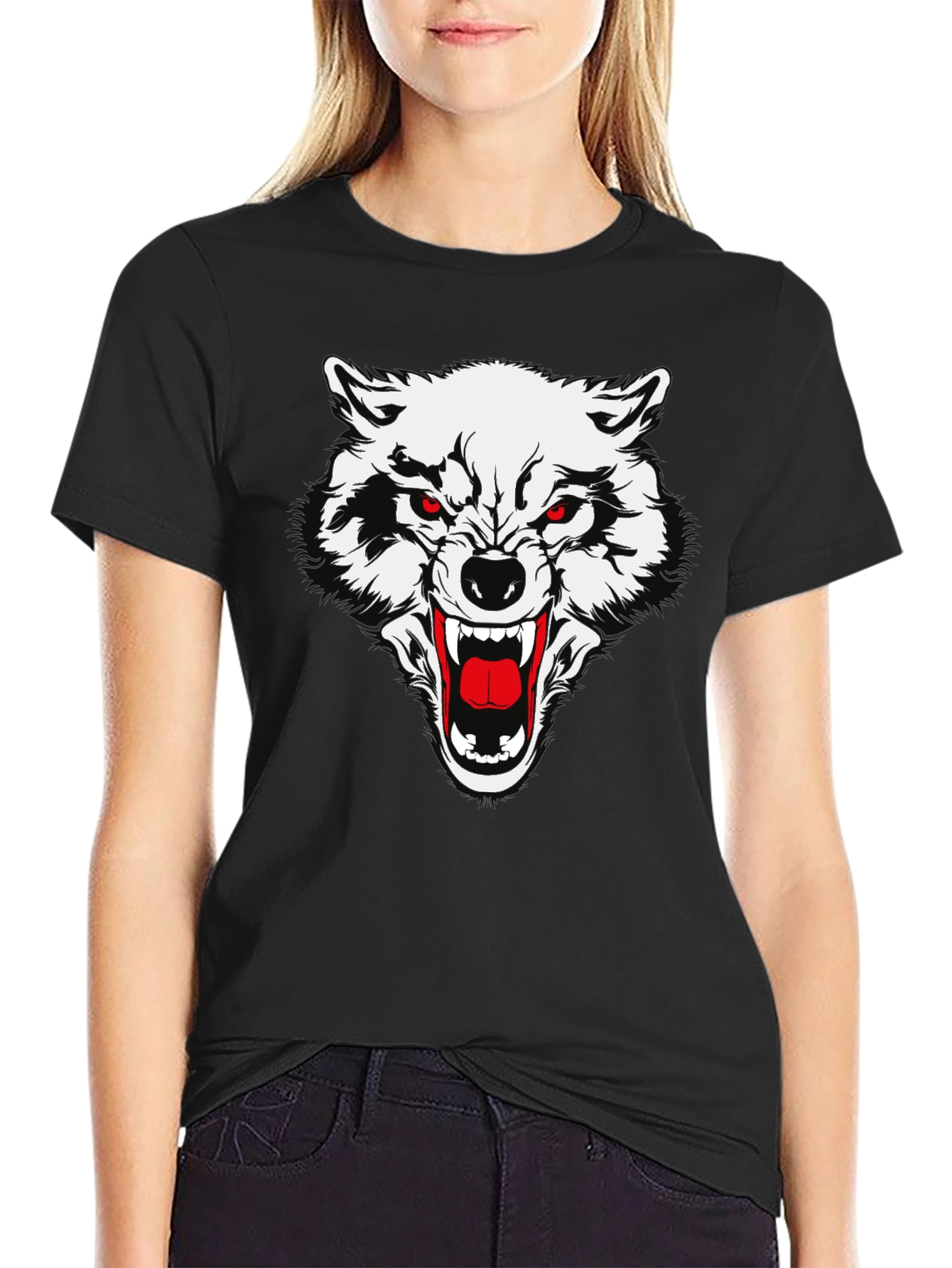 Black T-Shirt with Fierce Wolf Graphic
