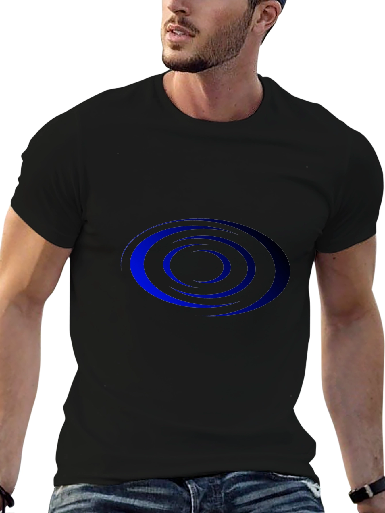 Mens Black T-shirt with Blue Spiral Design