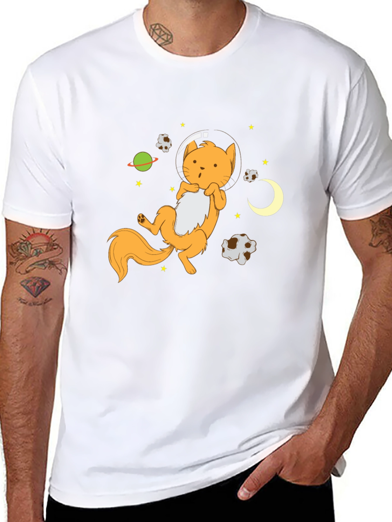Astronaut Cat Graphic Tee - Black Cotton Blend T-Shirt