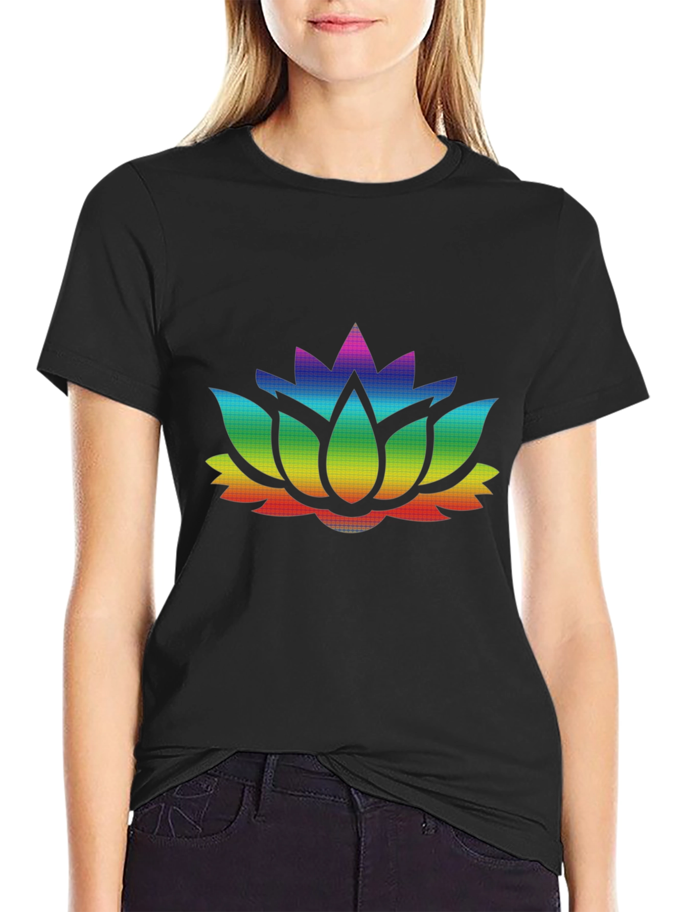 Rainbow Lotus Flower Graphic Black T-Shirt