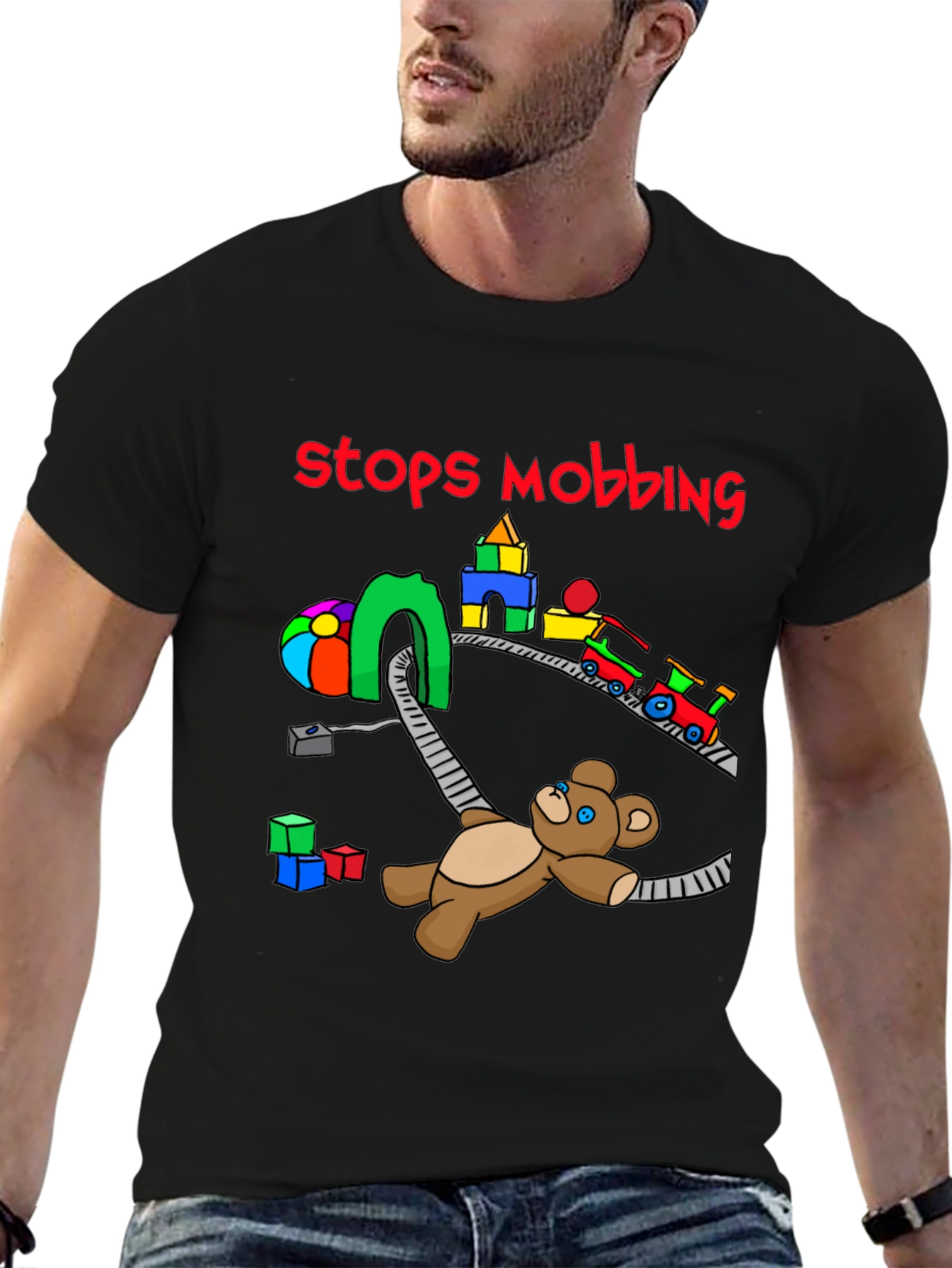 Stops Mobbing T-Shirt - Train and Teddy Bear Design