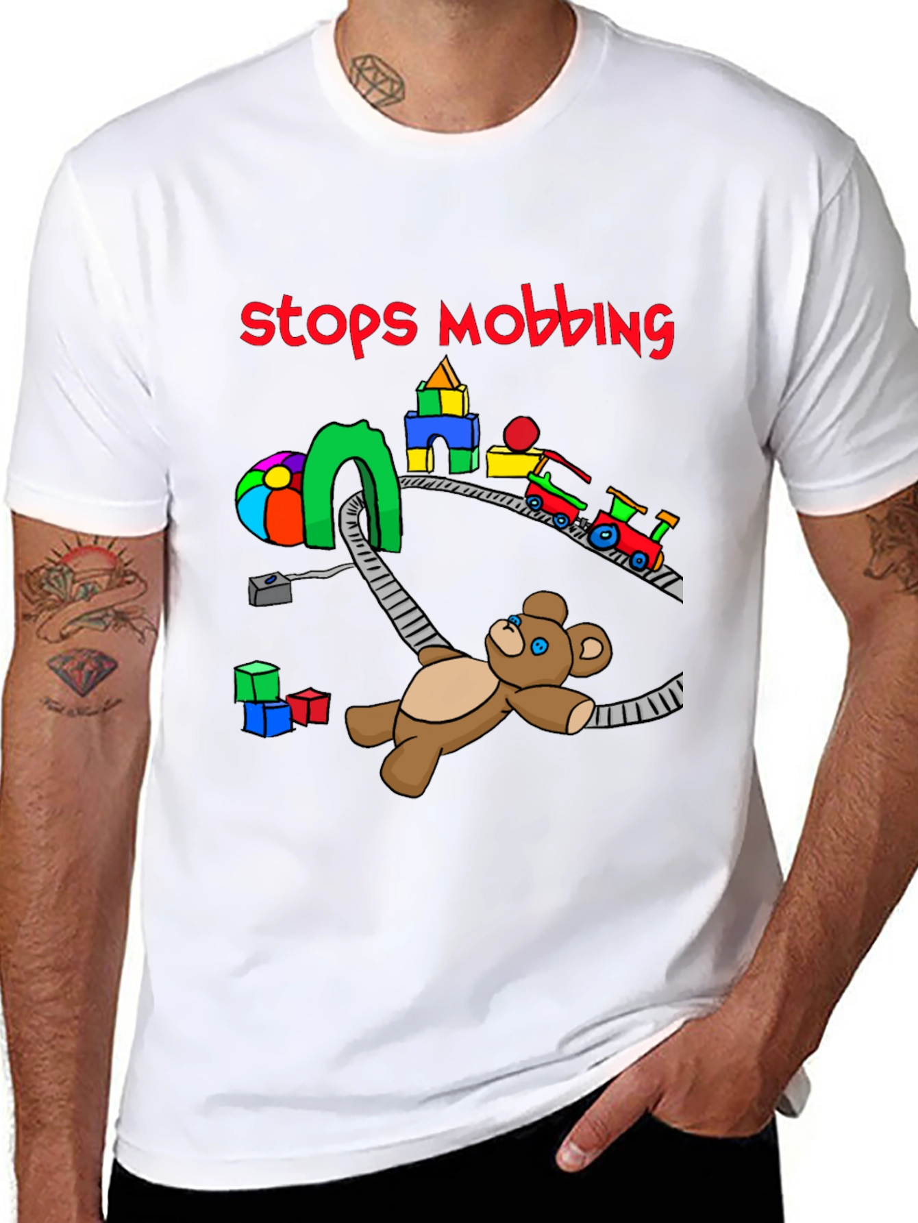 Stops Mobbing T-Shirt - Train and Teddy Bear Design