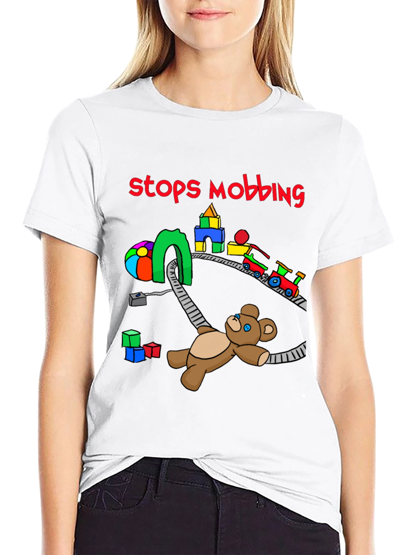 Stops Mobbing T-Shirt - Train and Teddy Bear Design