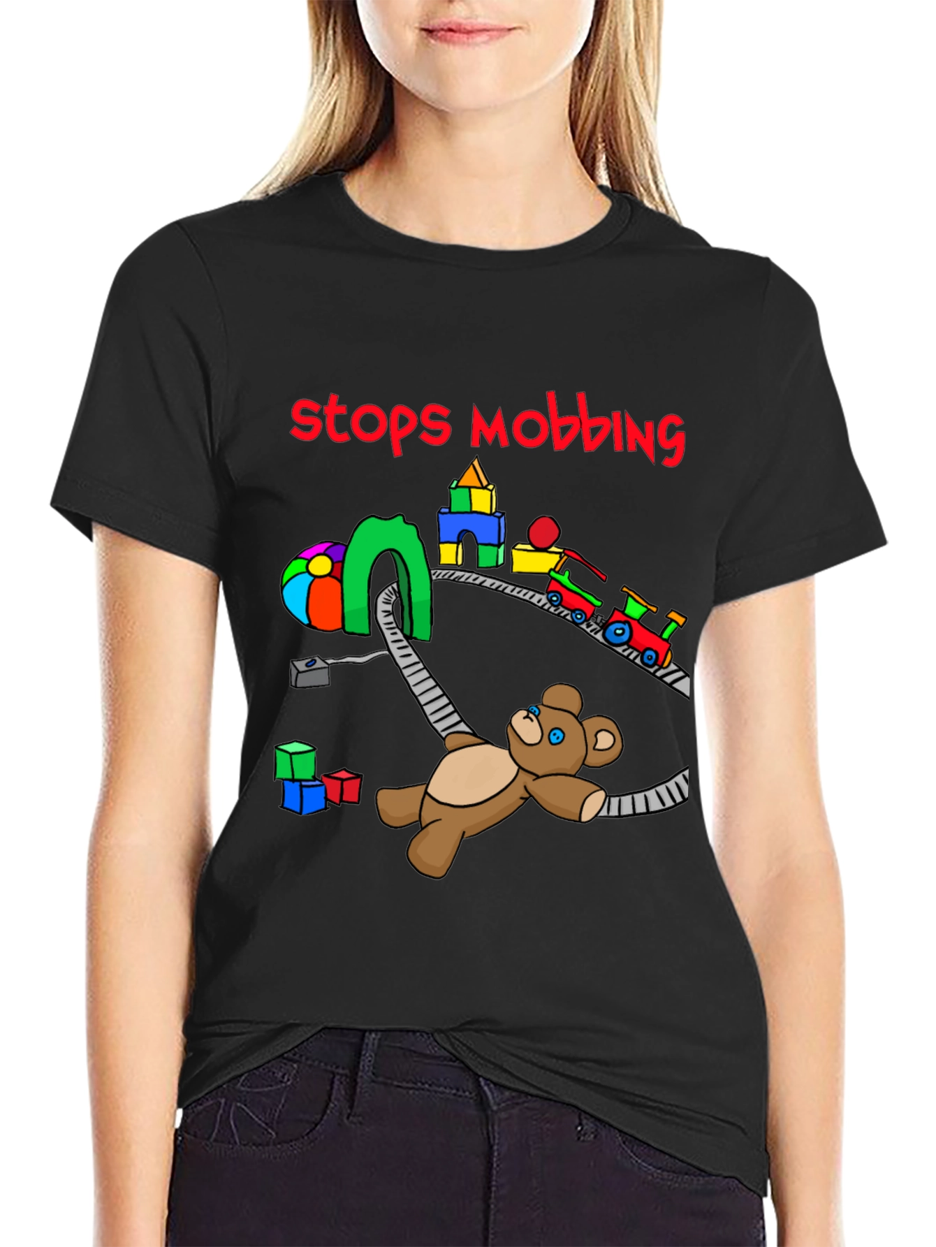 Stops Mobbing T-Shirt - Train and Teddy Bear Design