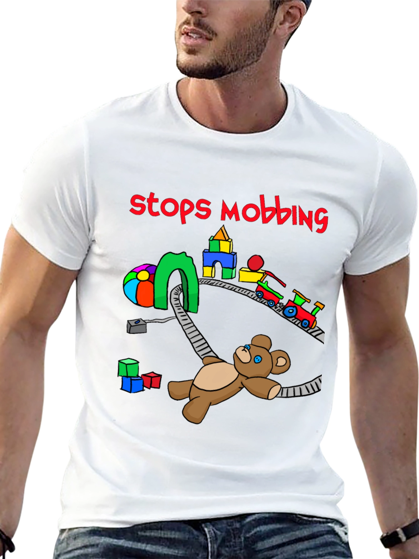 Stops Mobbing T-Shirt - Train and Teddy Bear Design