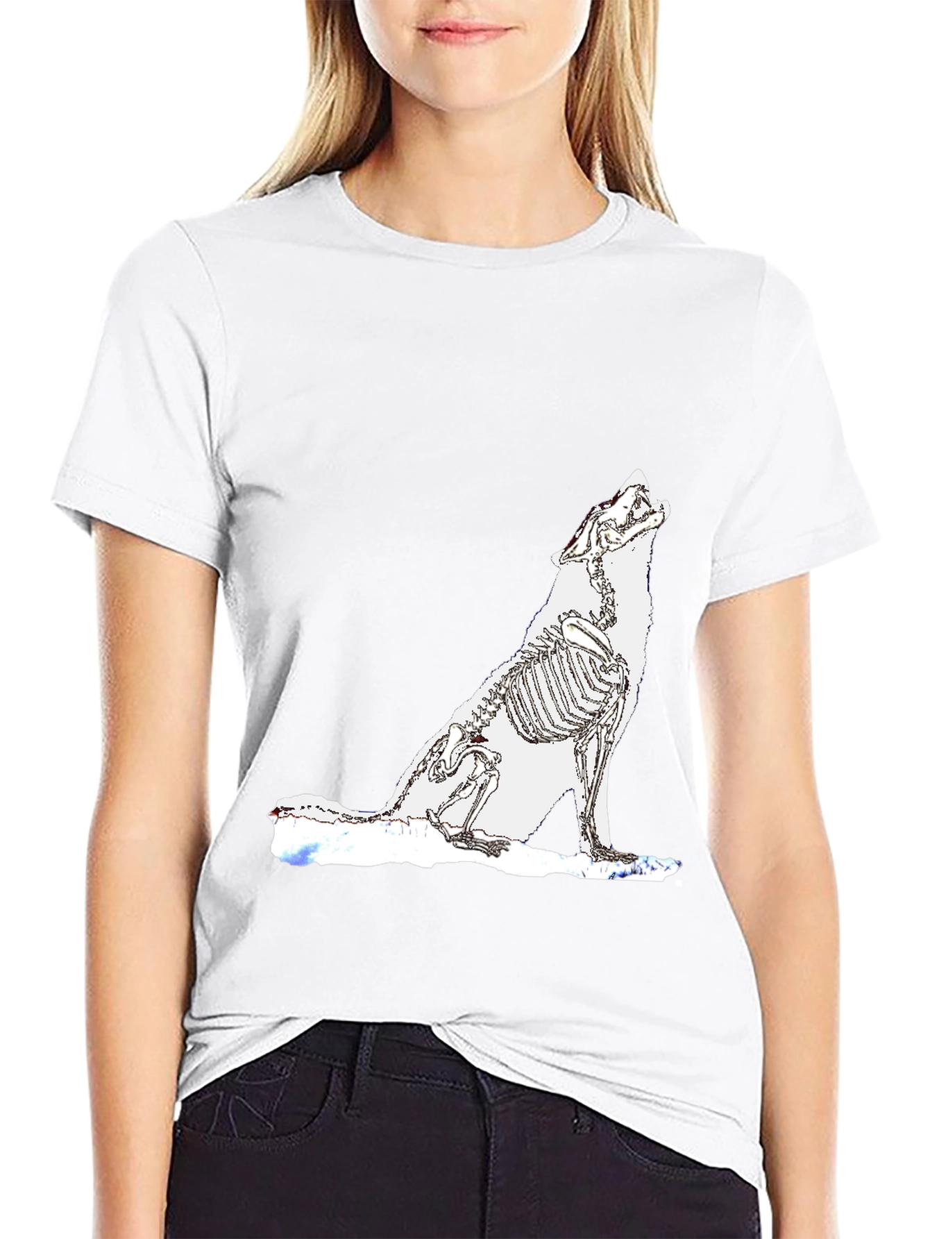 Black T-Shirt with Wolf Skeleton Design