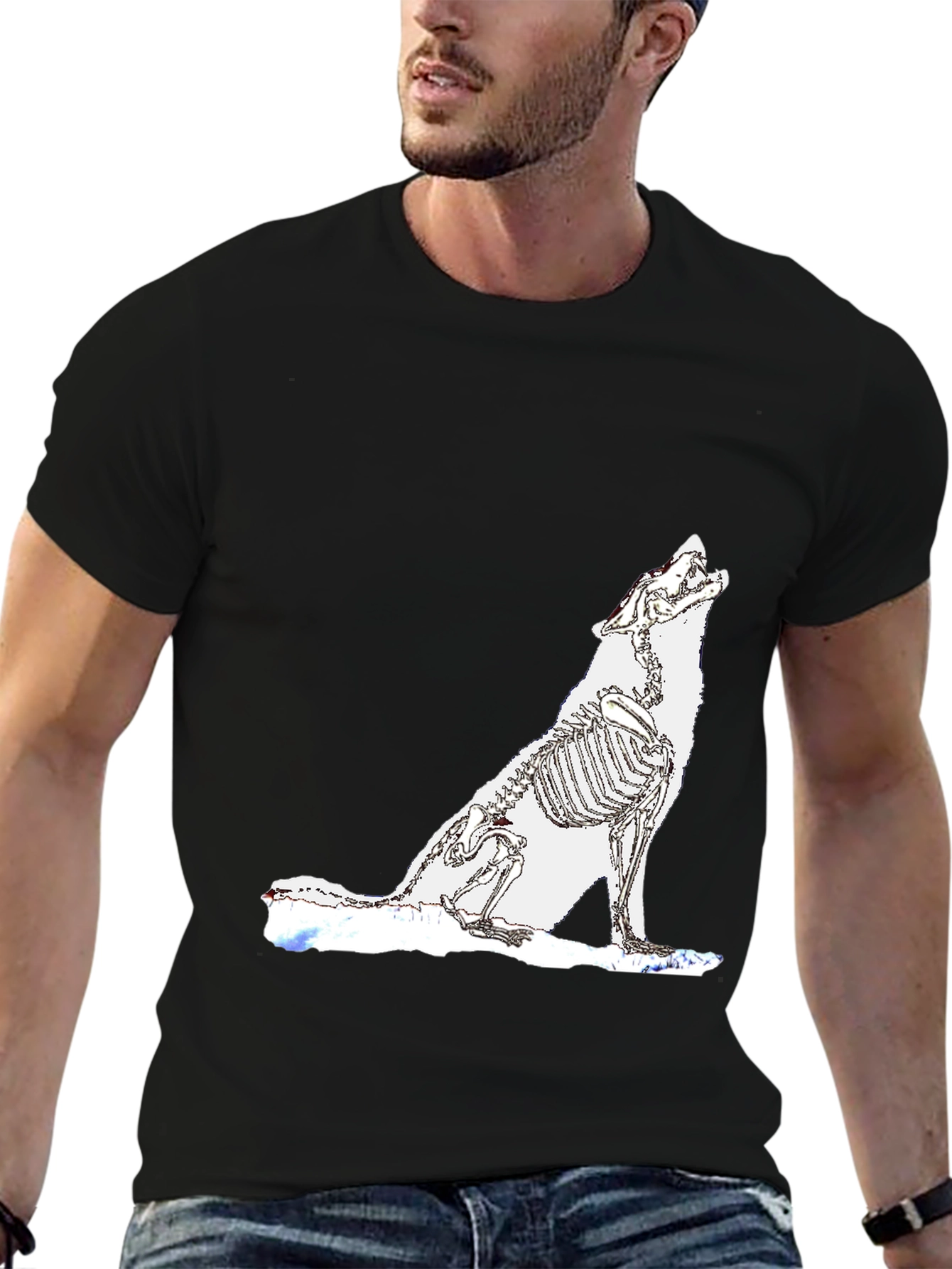 Black T-Shirt with Wolf Skeleton Design