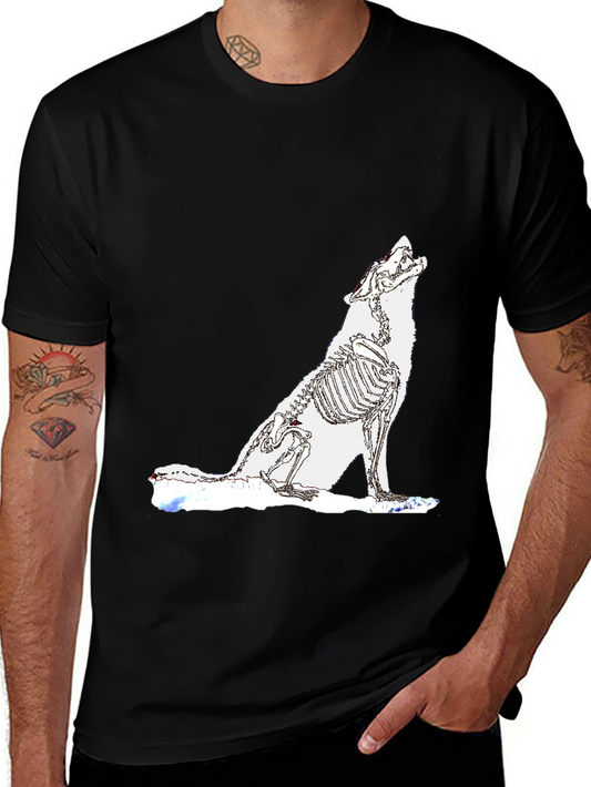 Black T-Shirt with Wolf Skeleton Design