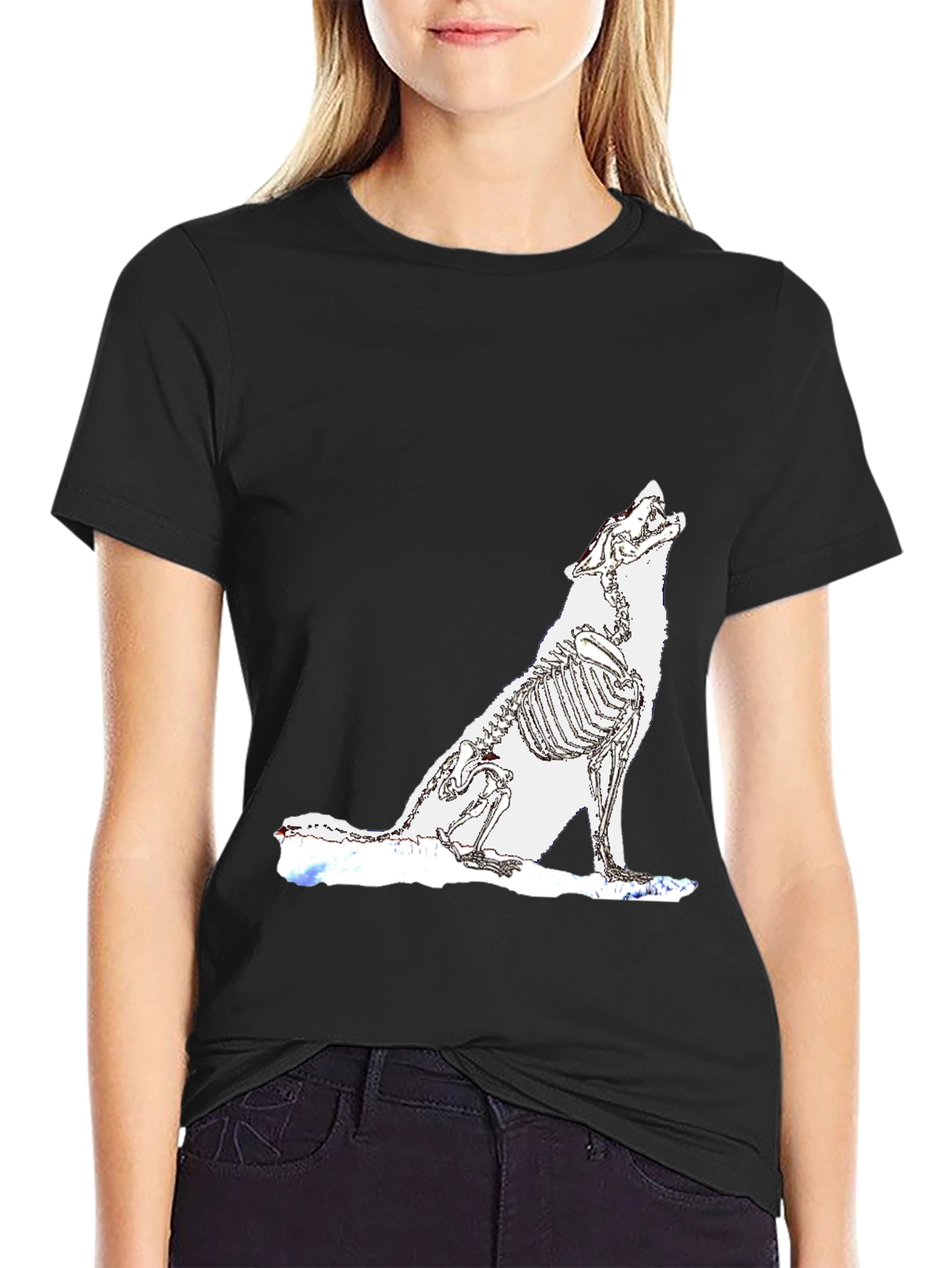 Black T-Shirt with Wolf Skeleton Design