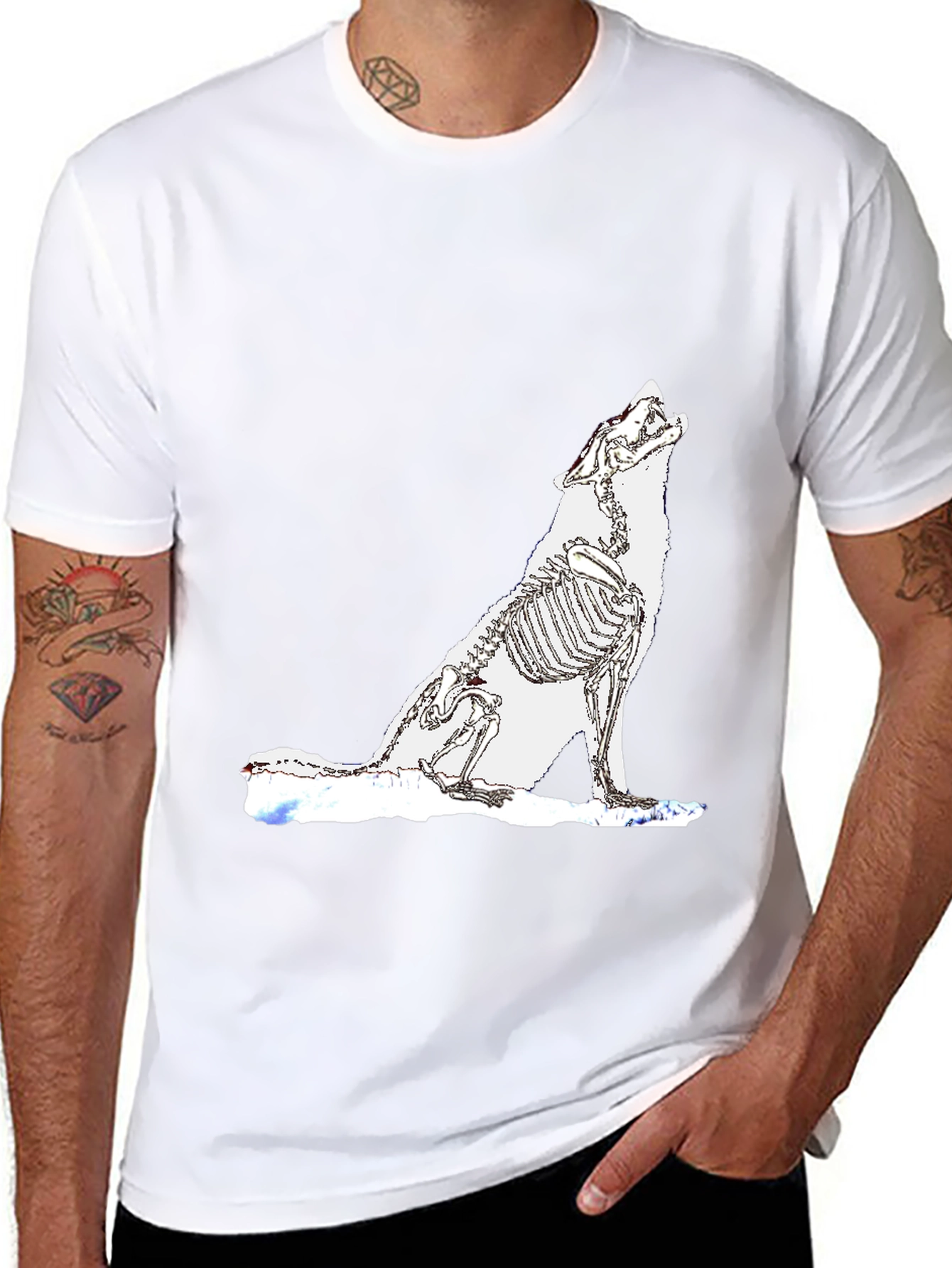 Black T-Shirt with Wolf Skeleton Design