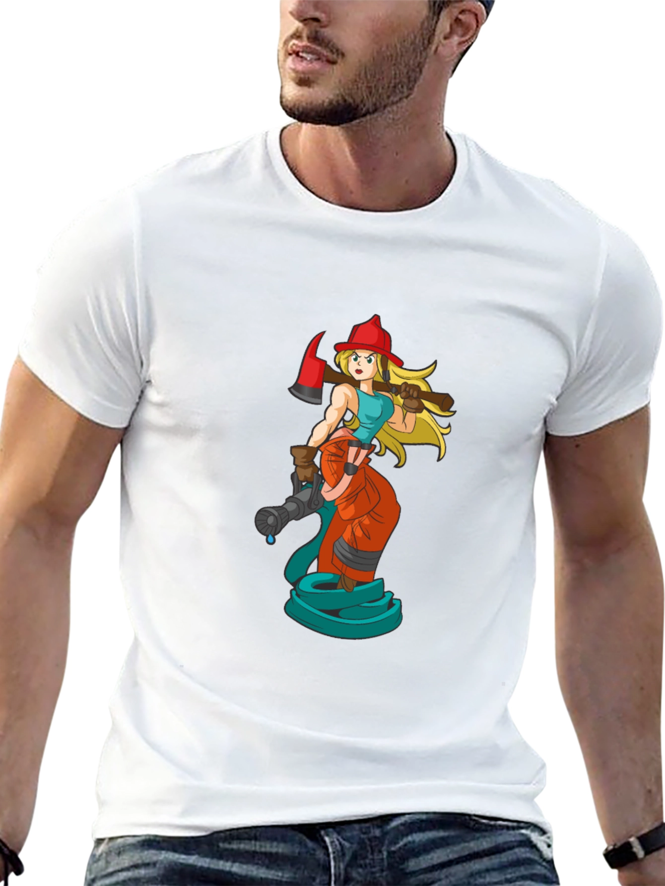 Cartoon Firefighter Woman Black T-Shirt