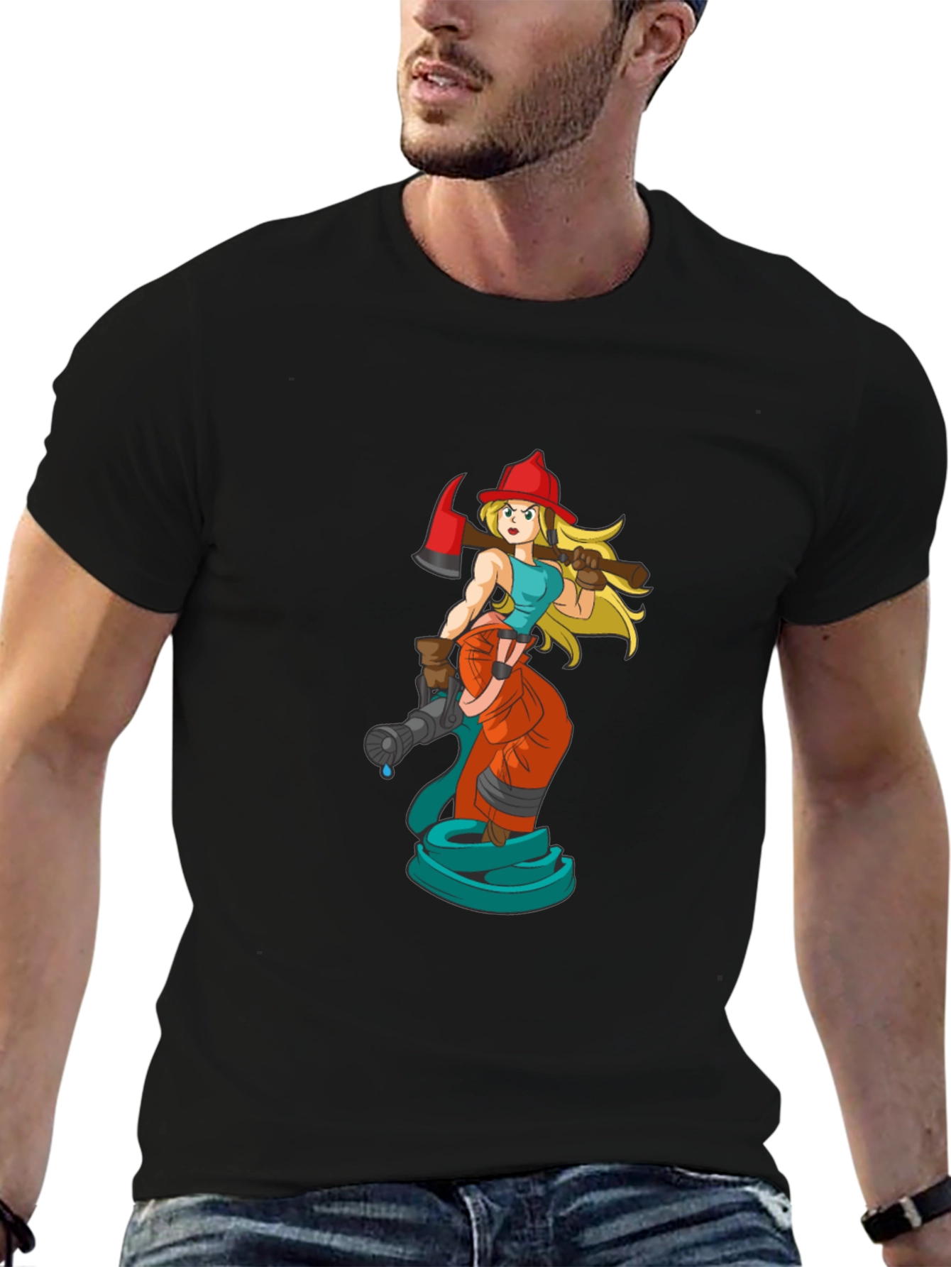Cartoon Firefighter Woman Black T-Shirt