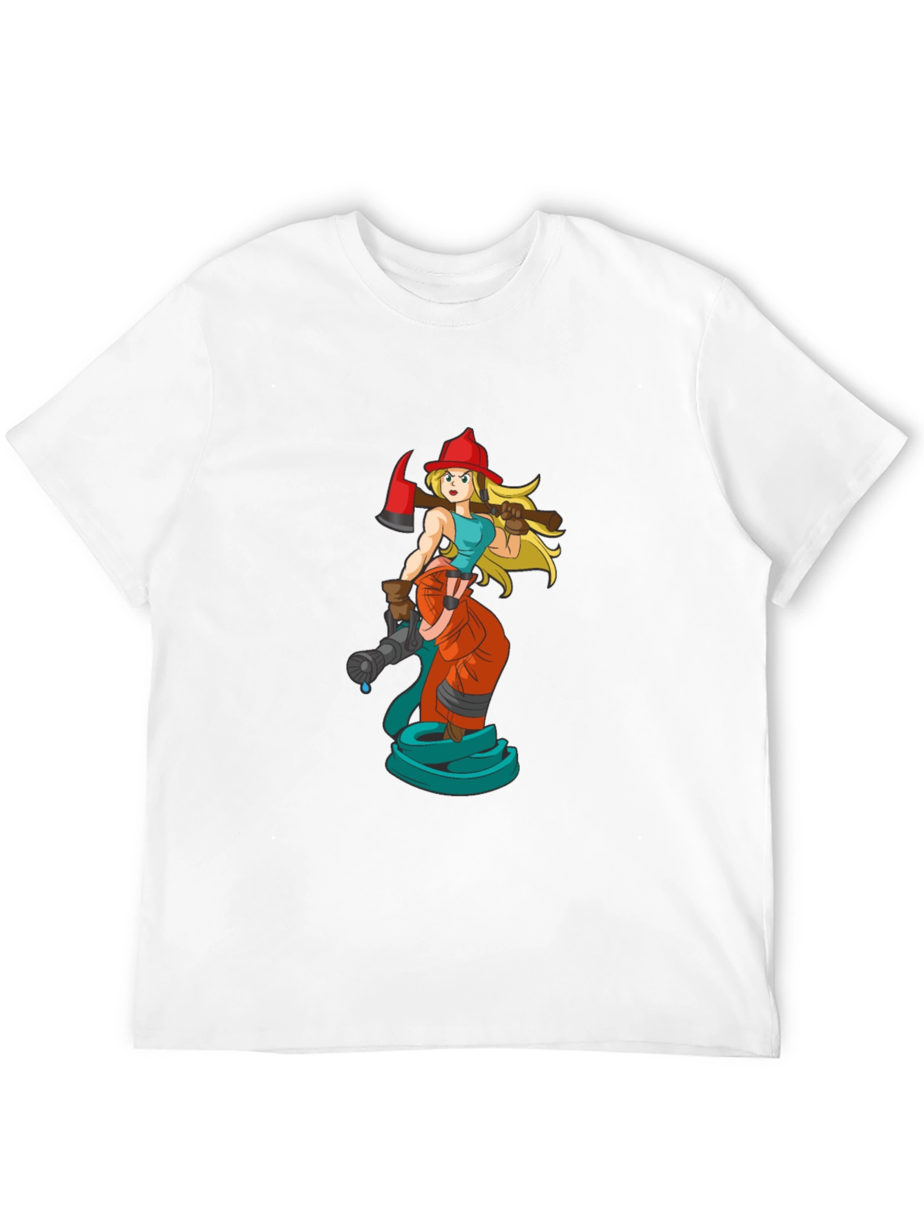 Cartoon Firefighter Woman Black T-Shirt