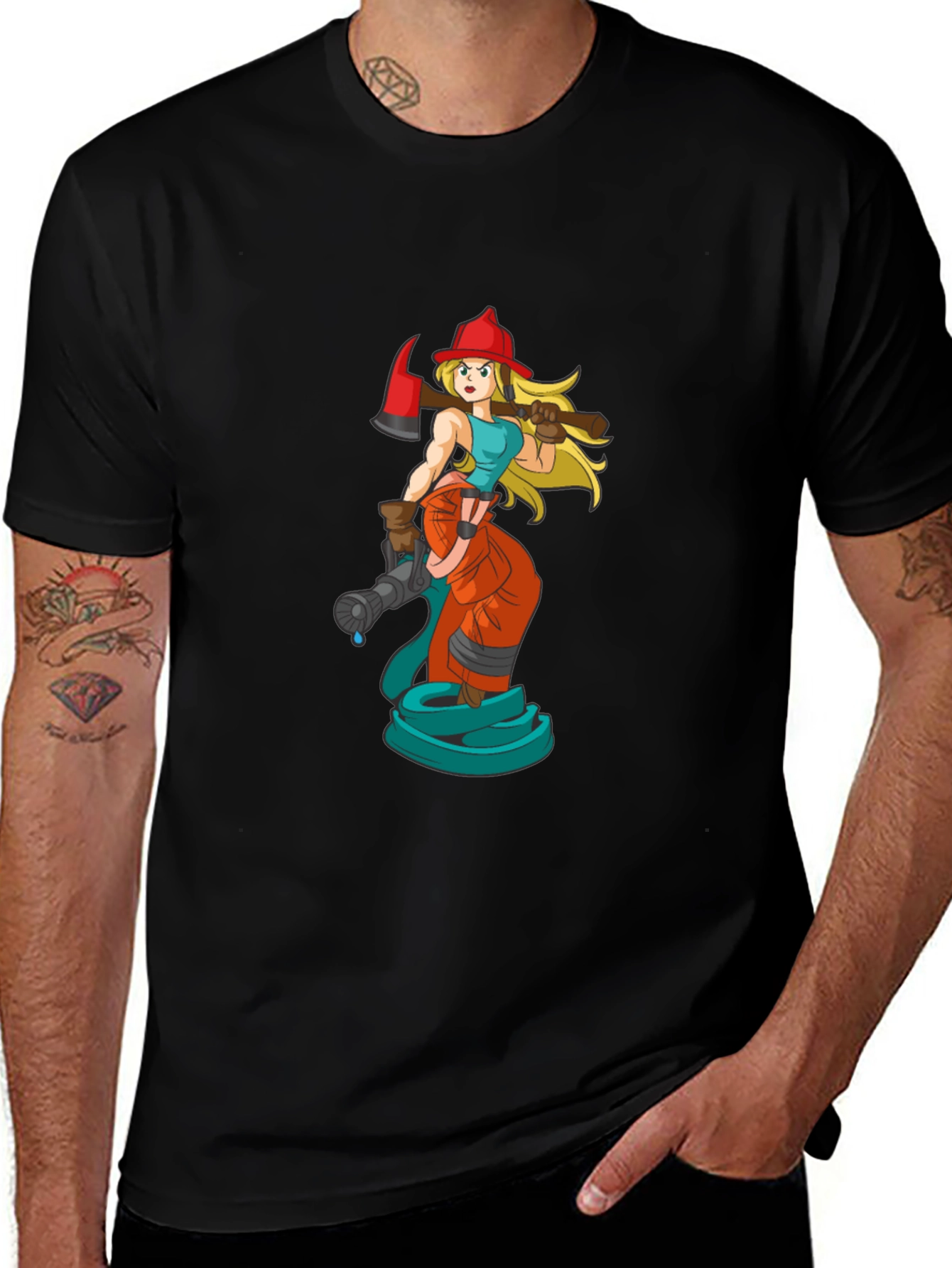 Cartoon Firefighter Woman Black T-Shirt