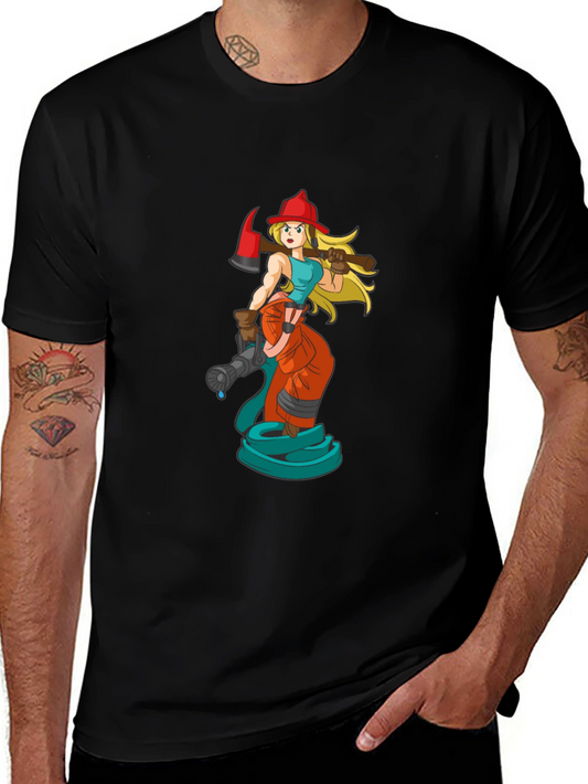 Cartoon Firefighter Woman Black T-Shirt