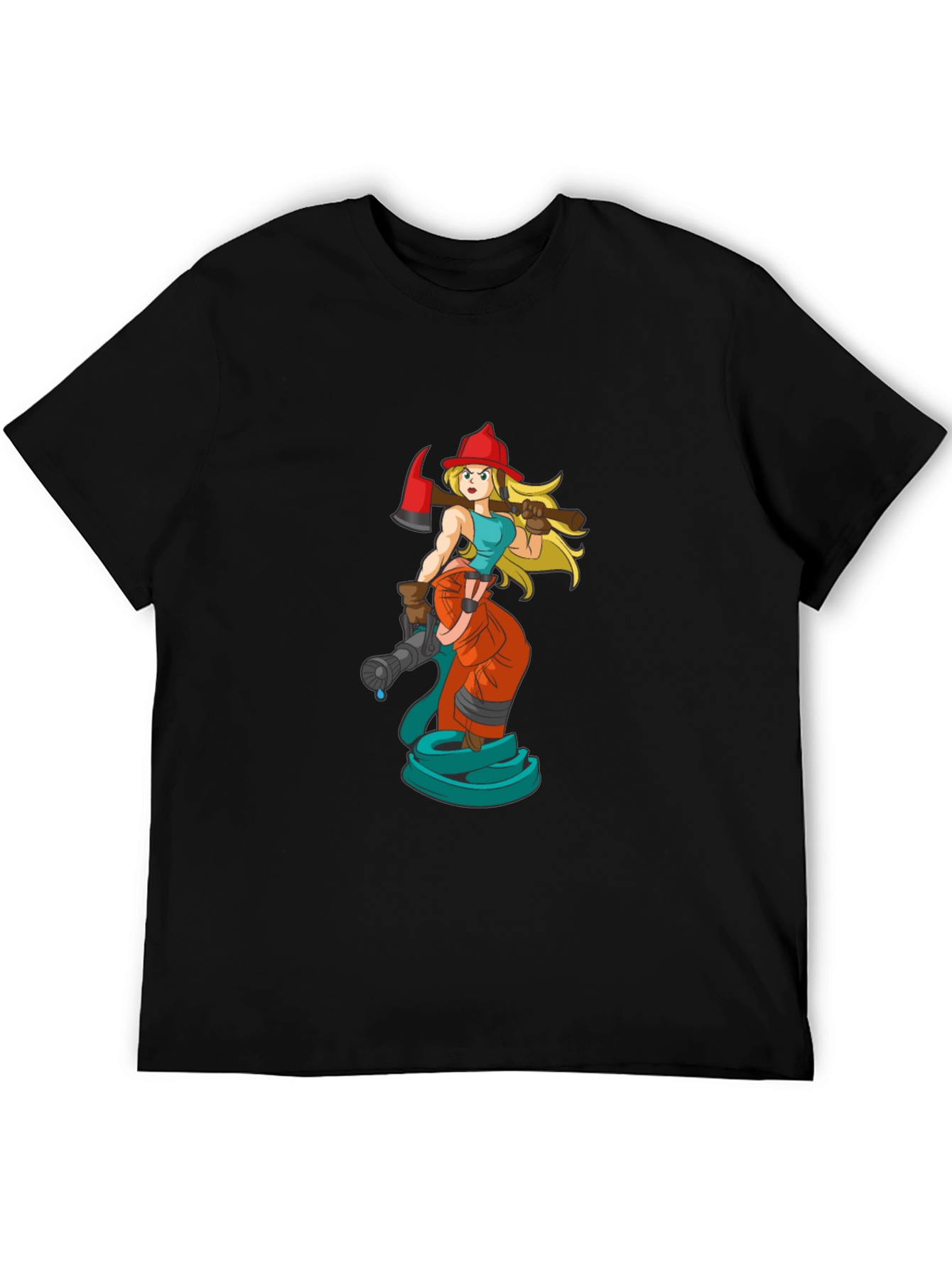 Cartoon Firefighter Woman Black T-Shirt