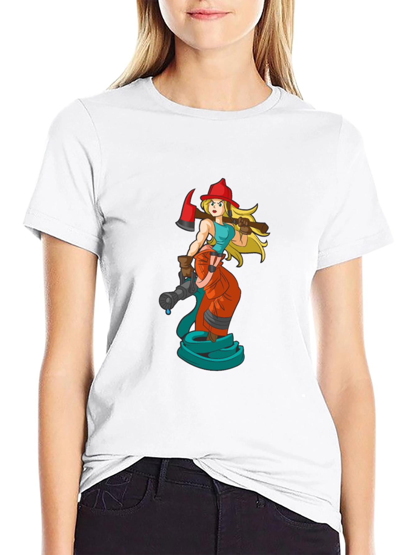 Cartoon Firefighter Woman Black T-Shirt
