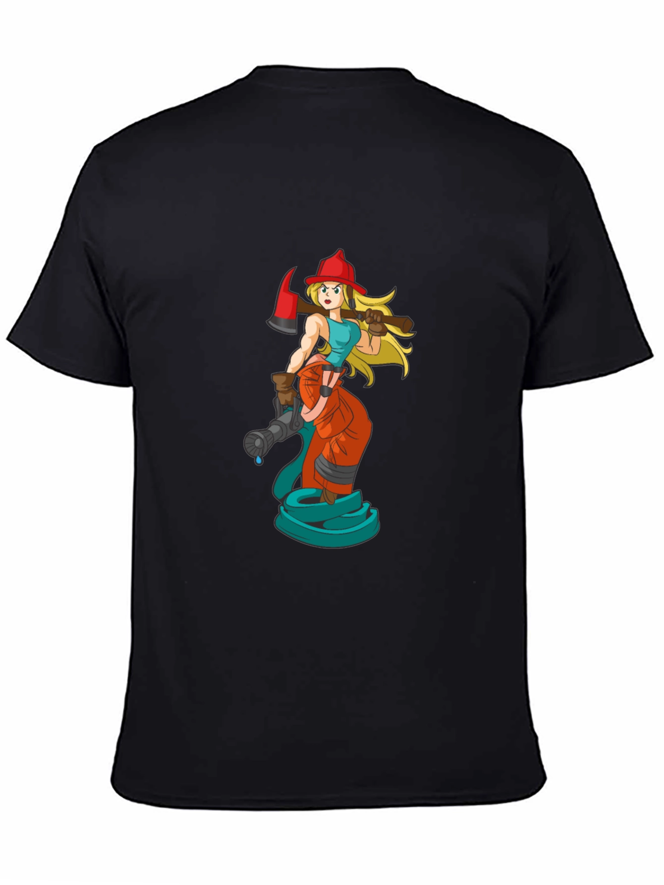 Cartoon Firefighter Woman Black T-Shirt
