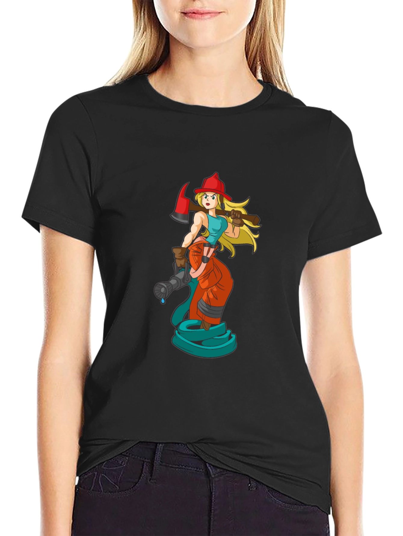 Cartoon Firefighter Woman Black T-Shirt