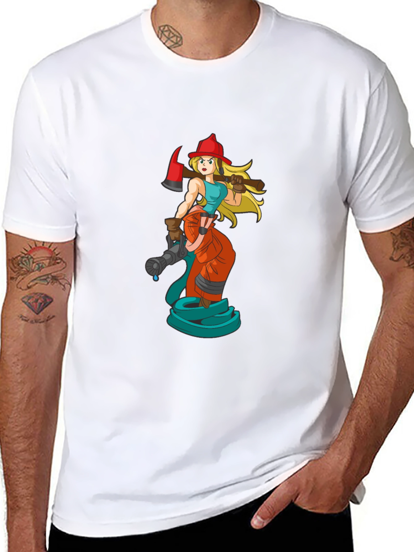 Cartoon Firefighter Woman Black T-Shirt