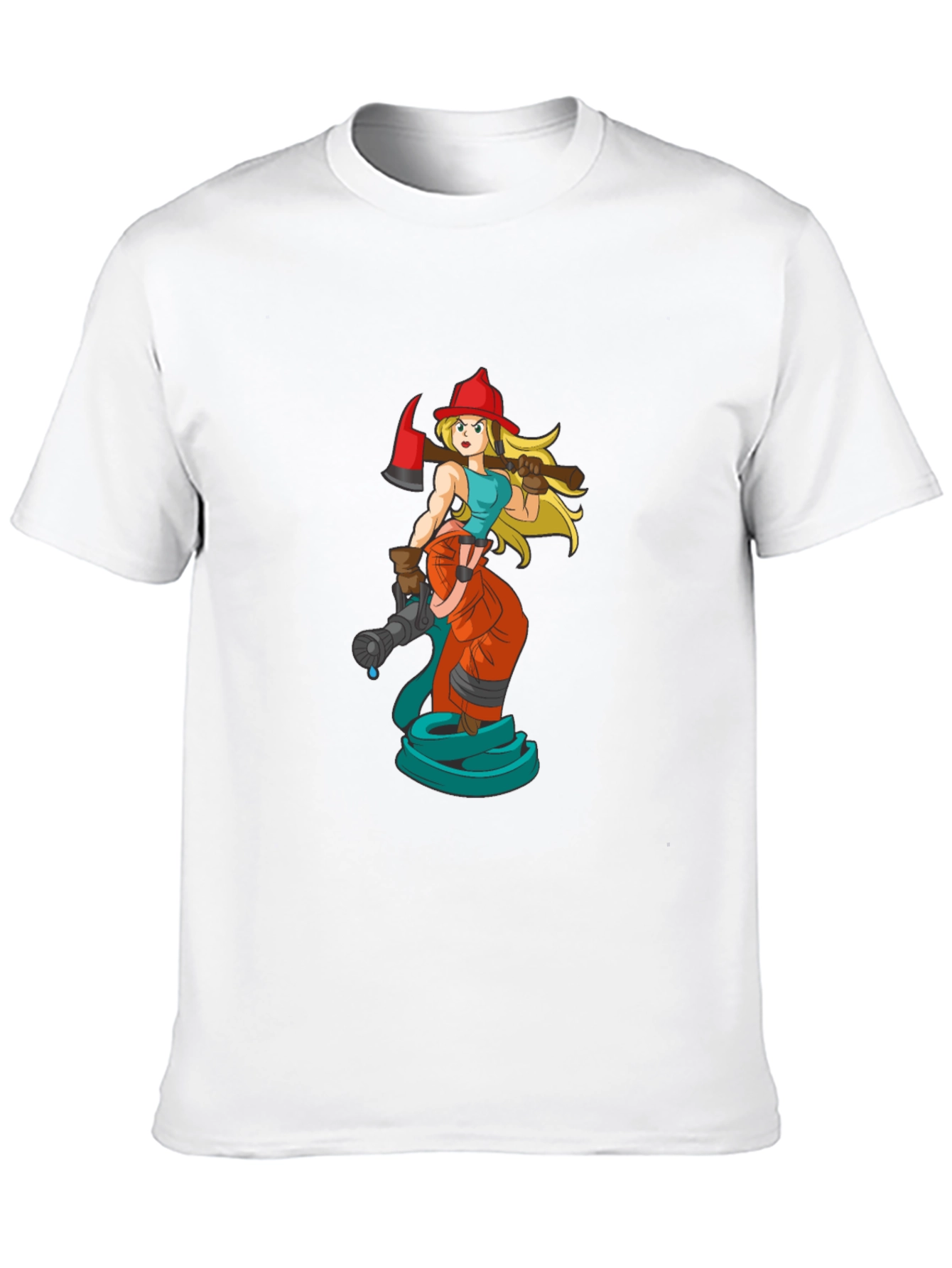 Cartoon Firefighter Woman Black T-Shirt