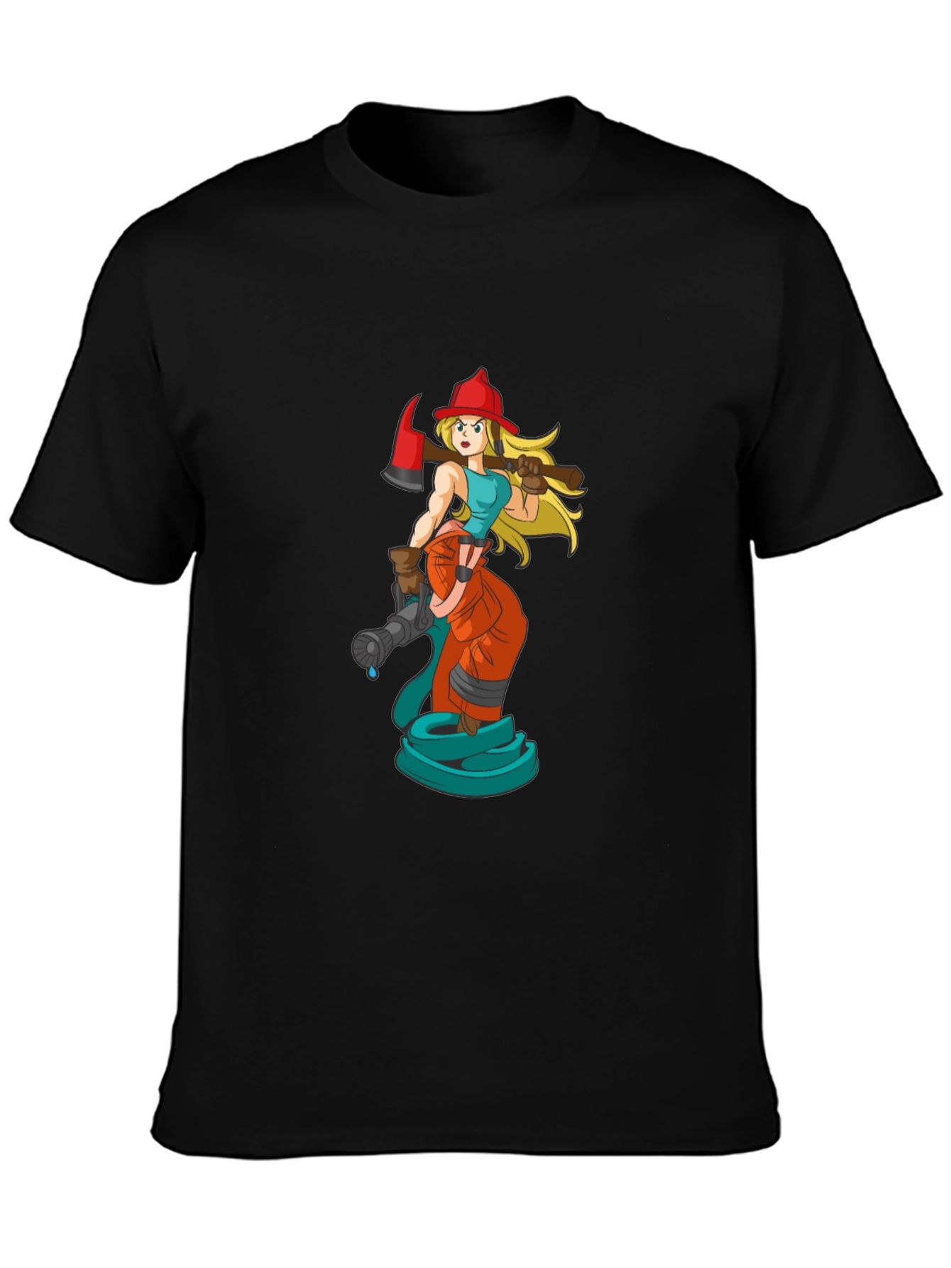 Cartoon Firefighter Woman Black T-Shirt