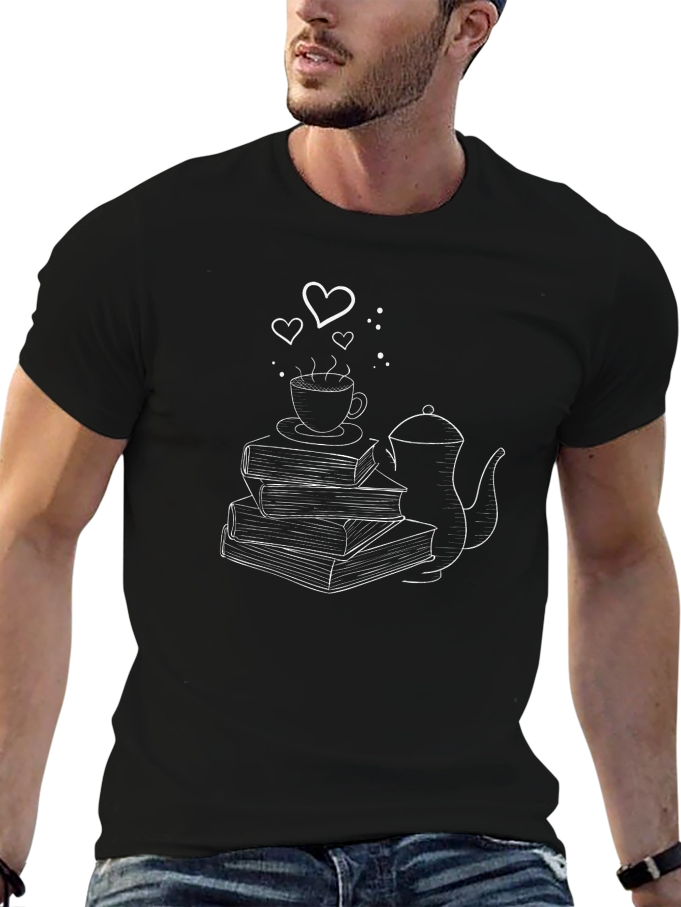 Book Lovers Tee: Coffee Books Hearts Design