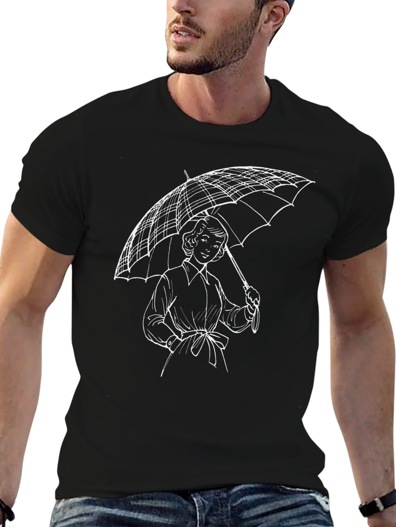Woman with Umbrella Graphic Tee - Stylish Black T-Shirt