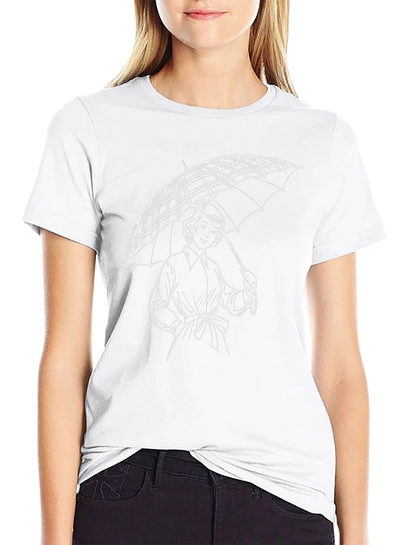 Woman with Umbrella Graphic Tee - Stylish Black T-Shirt