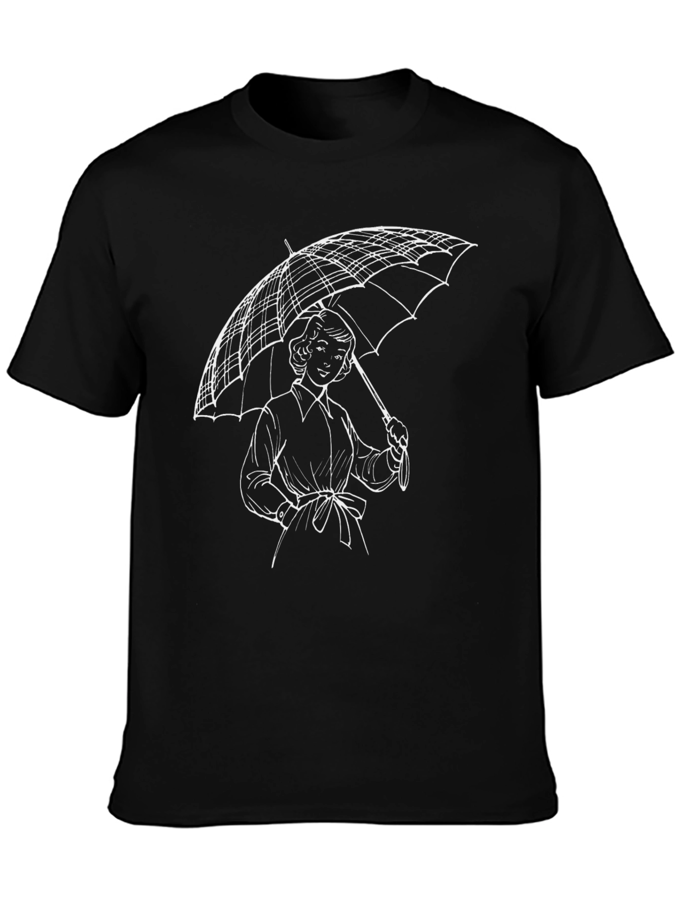 Woman with Umbrella Graphic Tee - Stylish Black T-Shirt