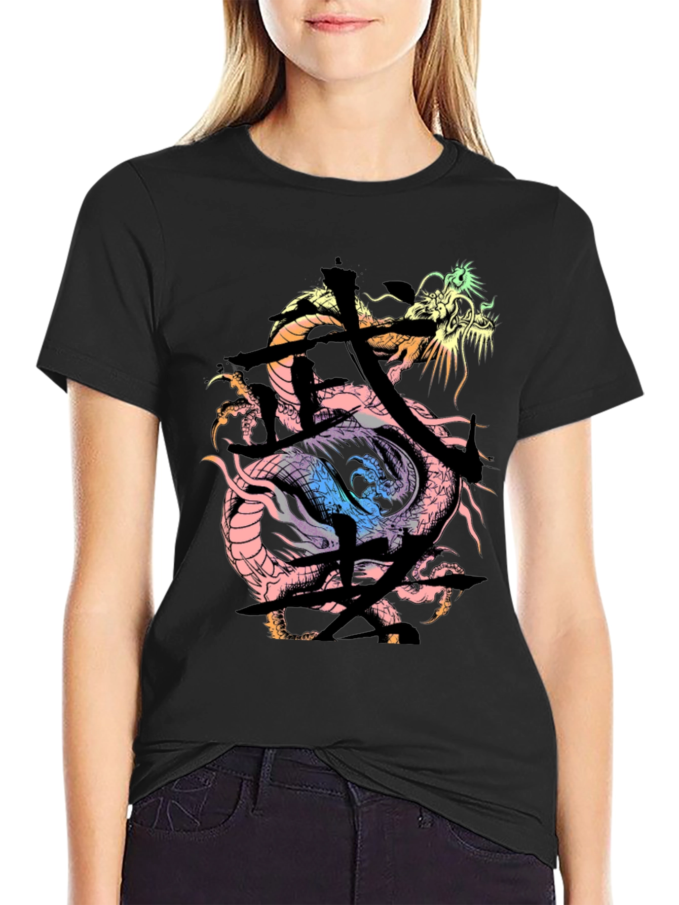 Dragon Kanji Graphic Print Black T-Shirt