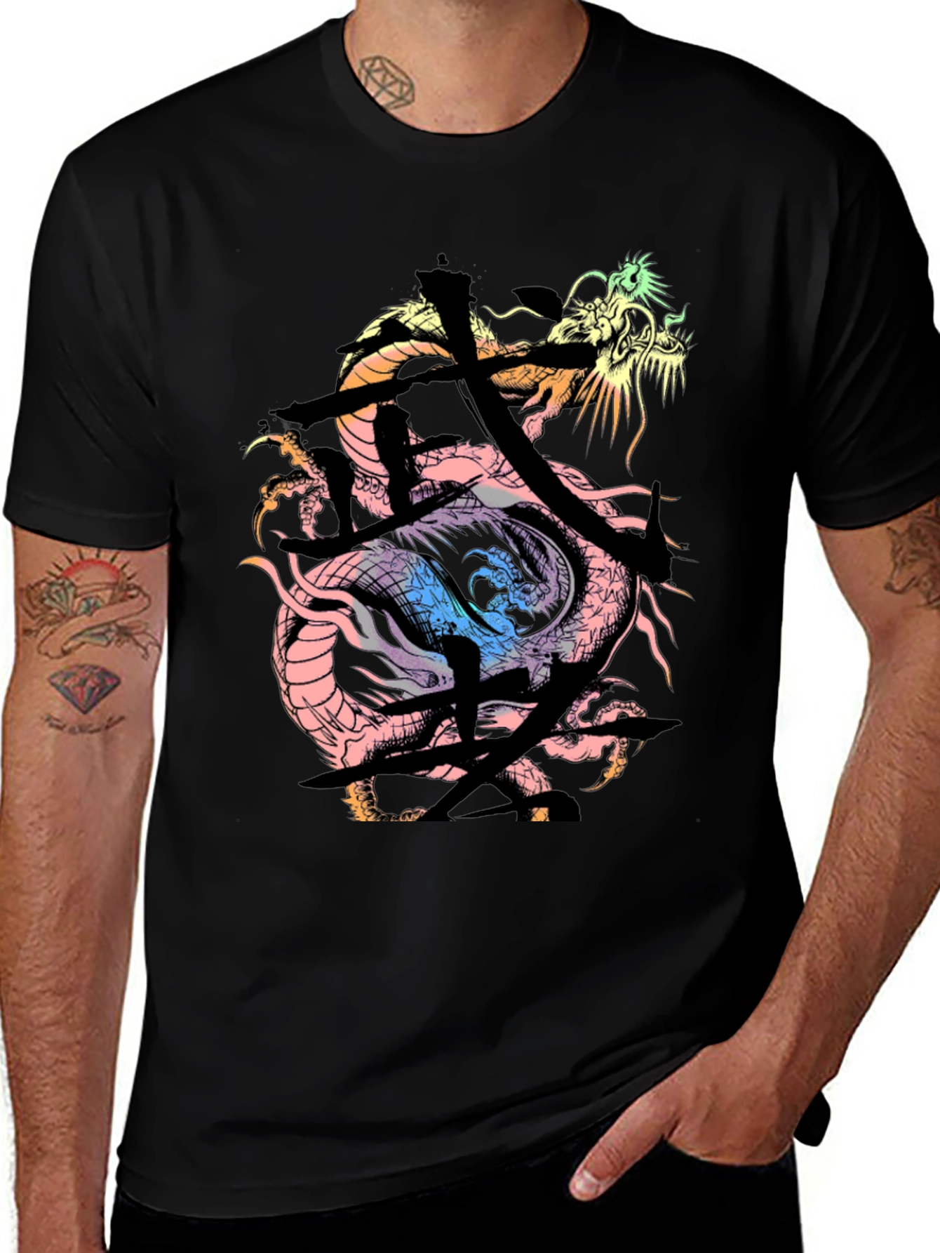 Dragon Kanji Graphic Print Black T-Shirt