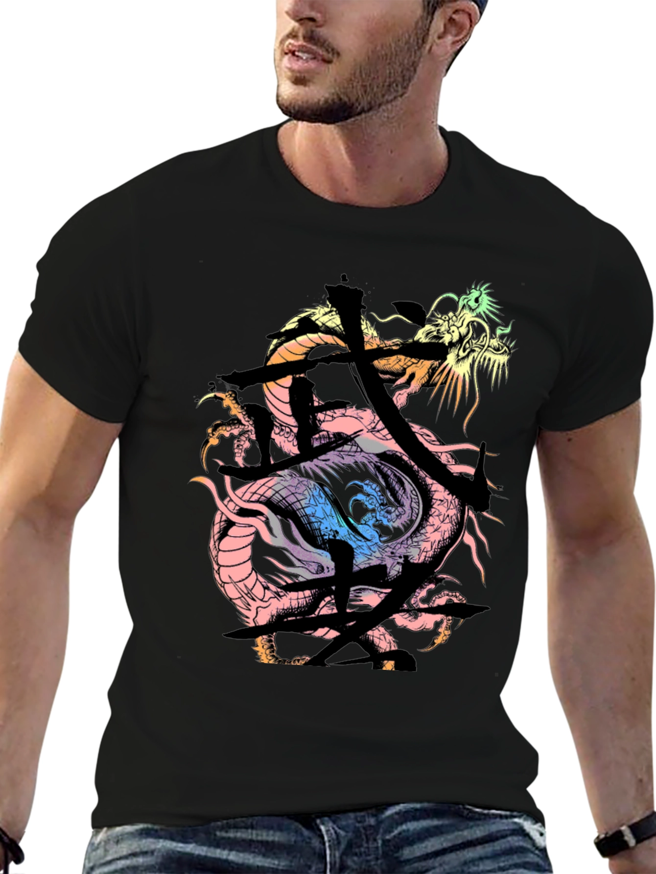 Dragon Kanji Graphic Print Black T-Shirt