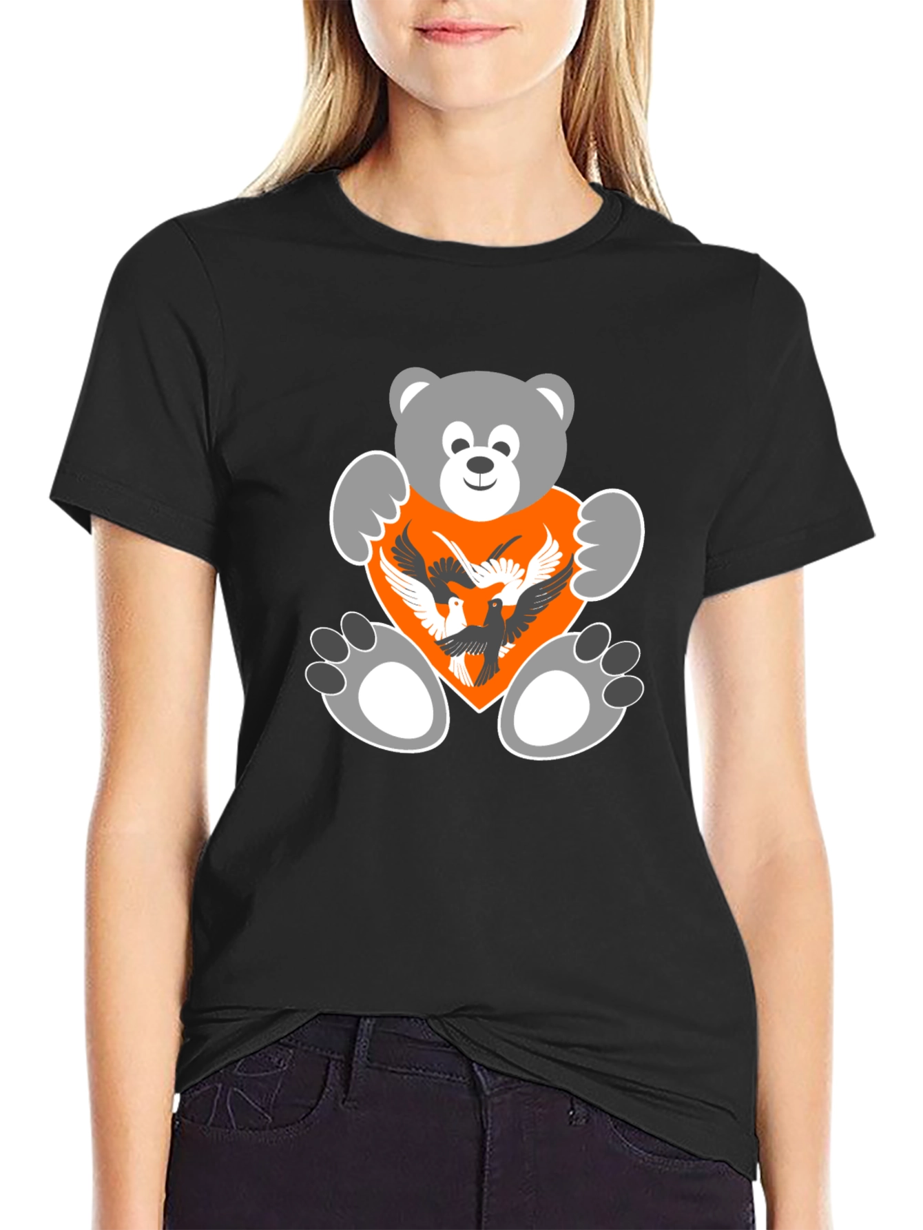 Bear and Birds Graphic Black T-Shirt
