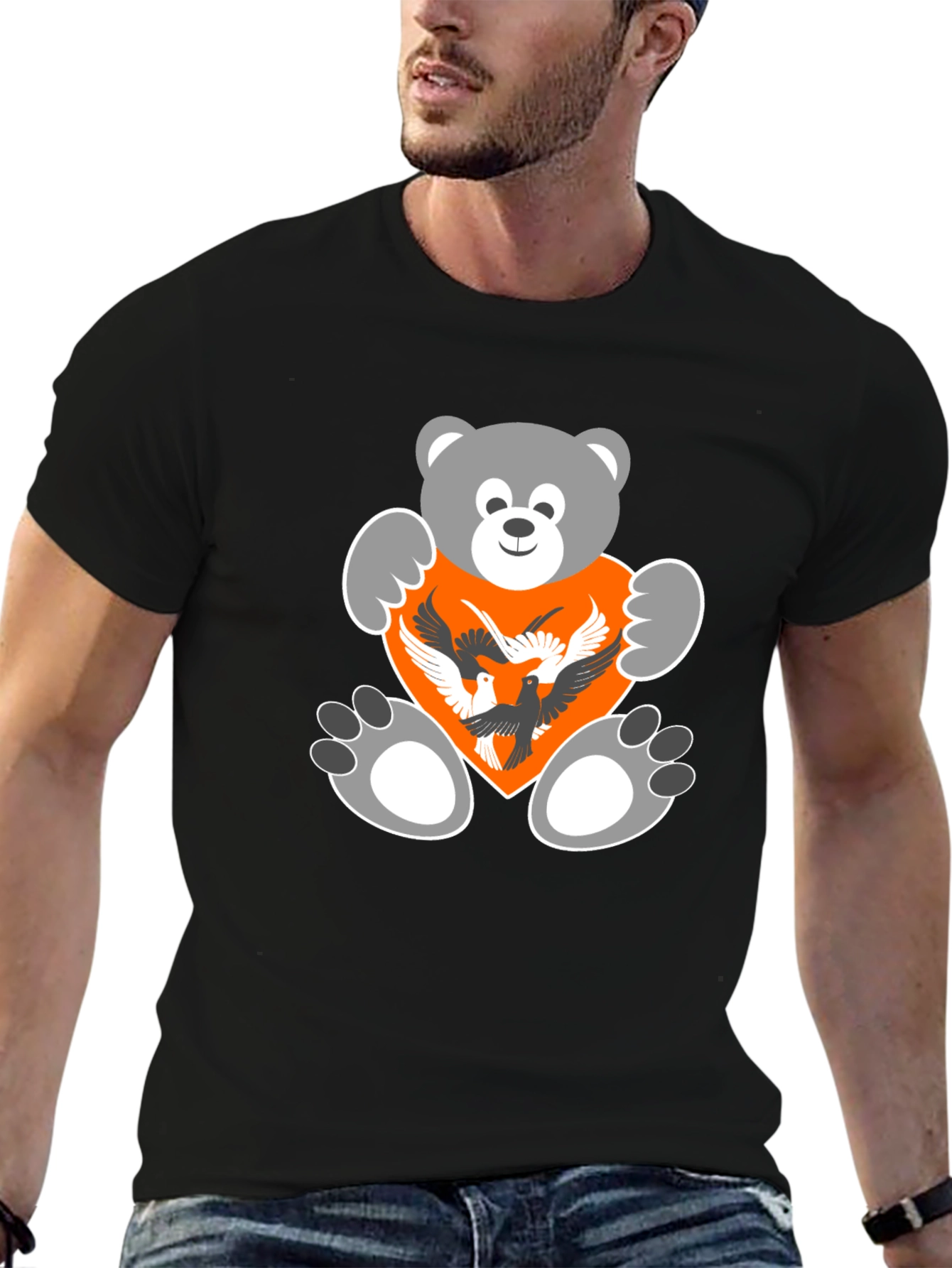 Bear and Birds Graphic Black T-Shirt