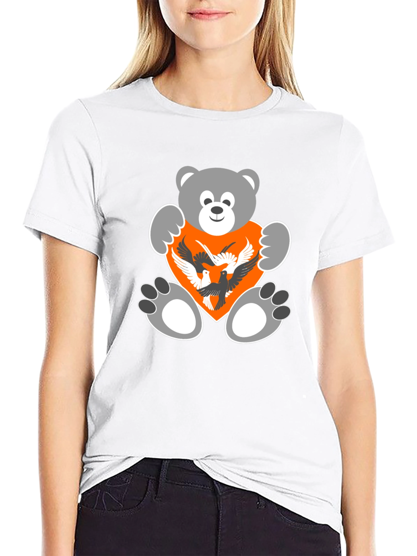 Bear and Birds Graphic Black T-Shirt