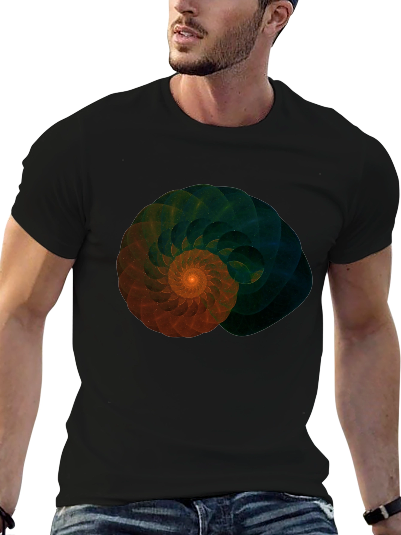 Fractal Spiral Graphic Tee - Stylish Mens Black T-Shirt