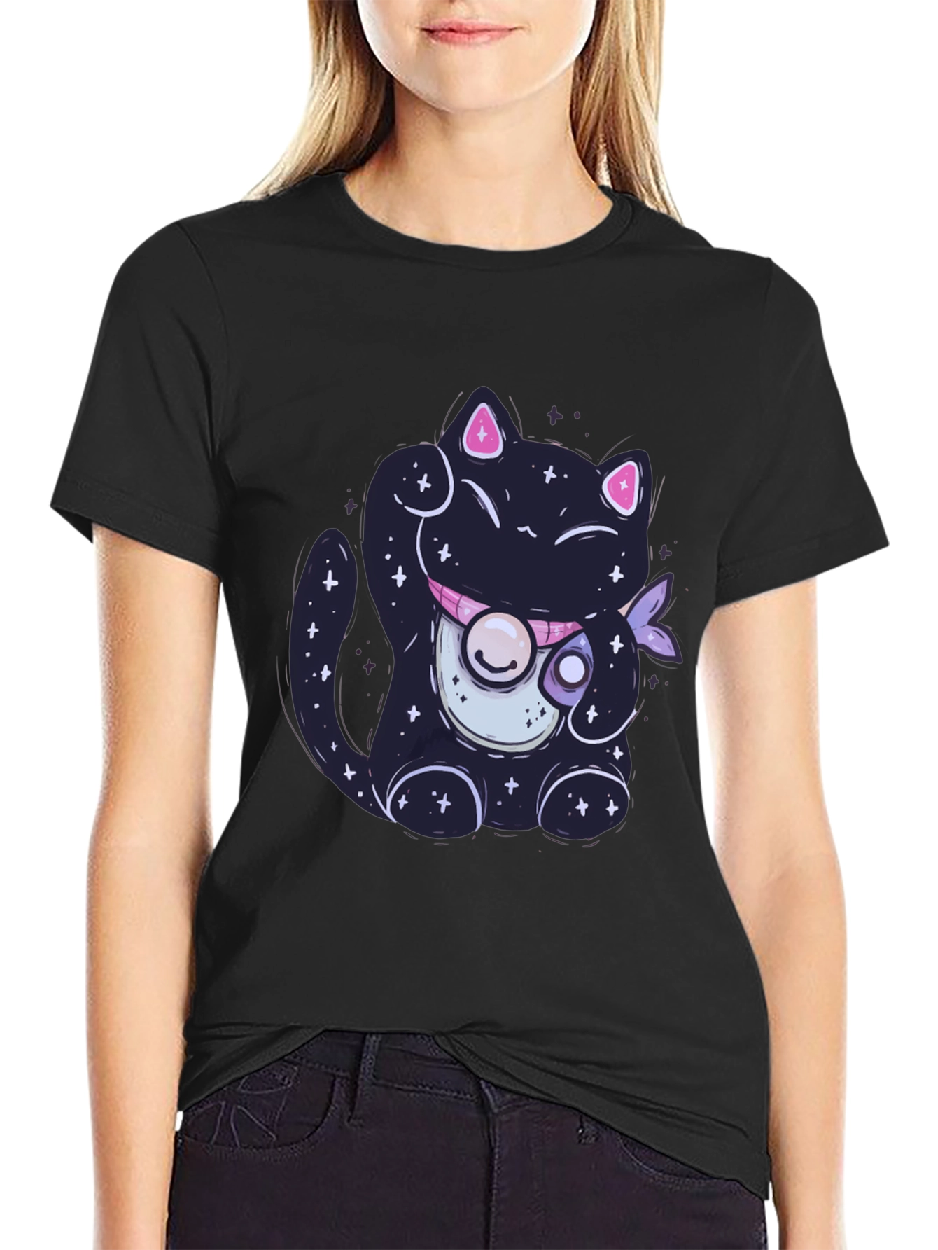 Galaxy Cat Graphic Tee - Trendy Black T-Shirt
