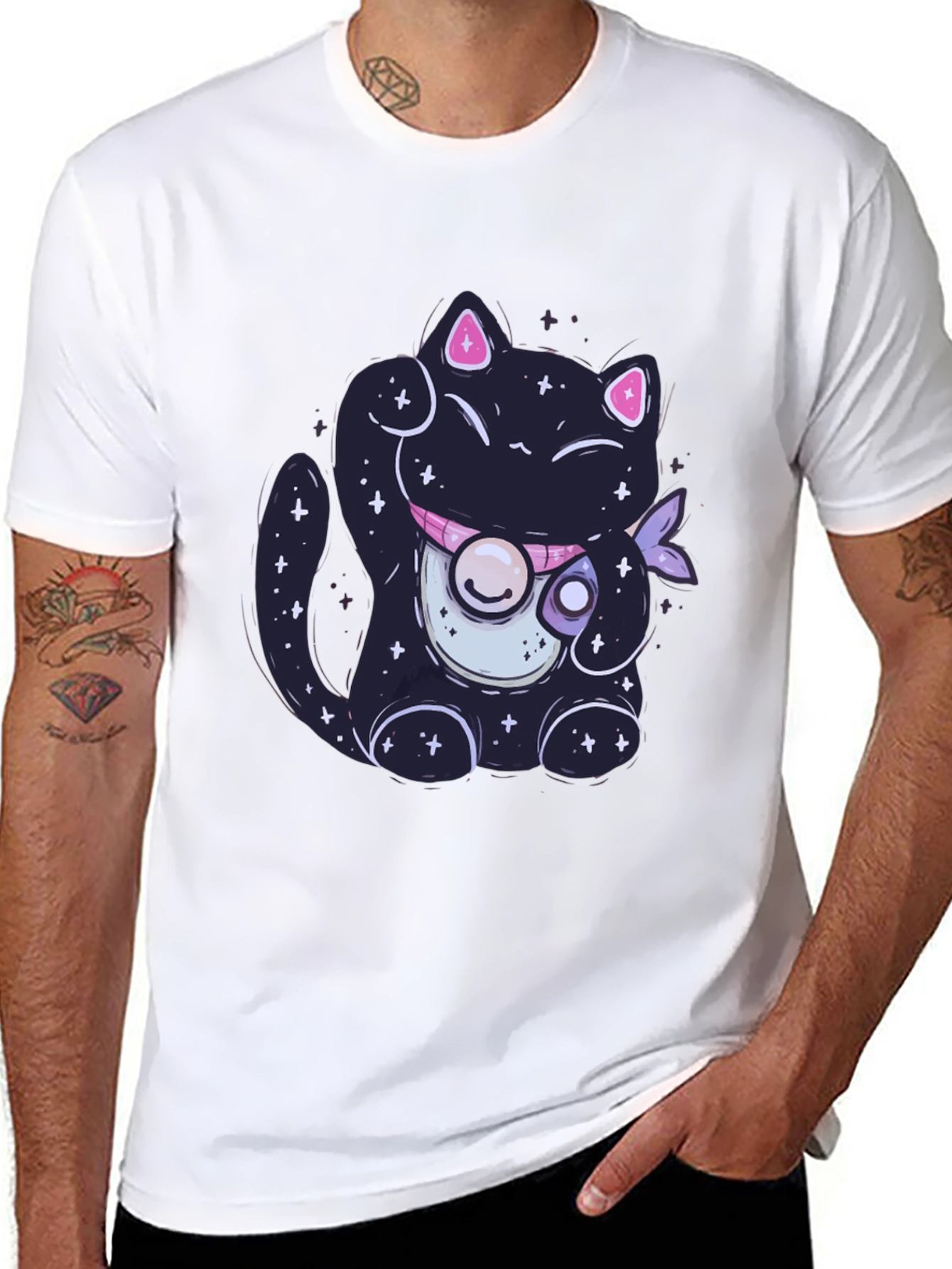 Galaxy Cat Graphic Tee - Trendy Black T-Shirt