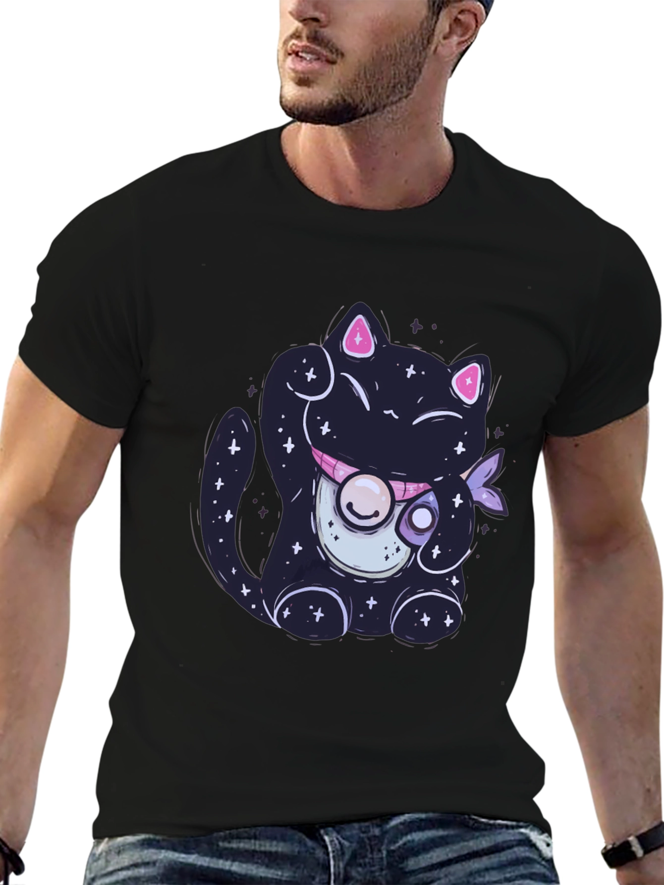 Galaxy Cat Graphic Tee - Trendy Black T-Shirt