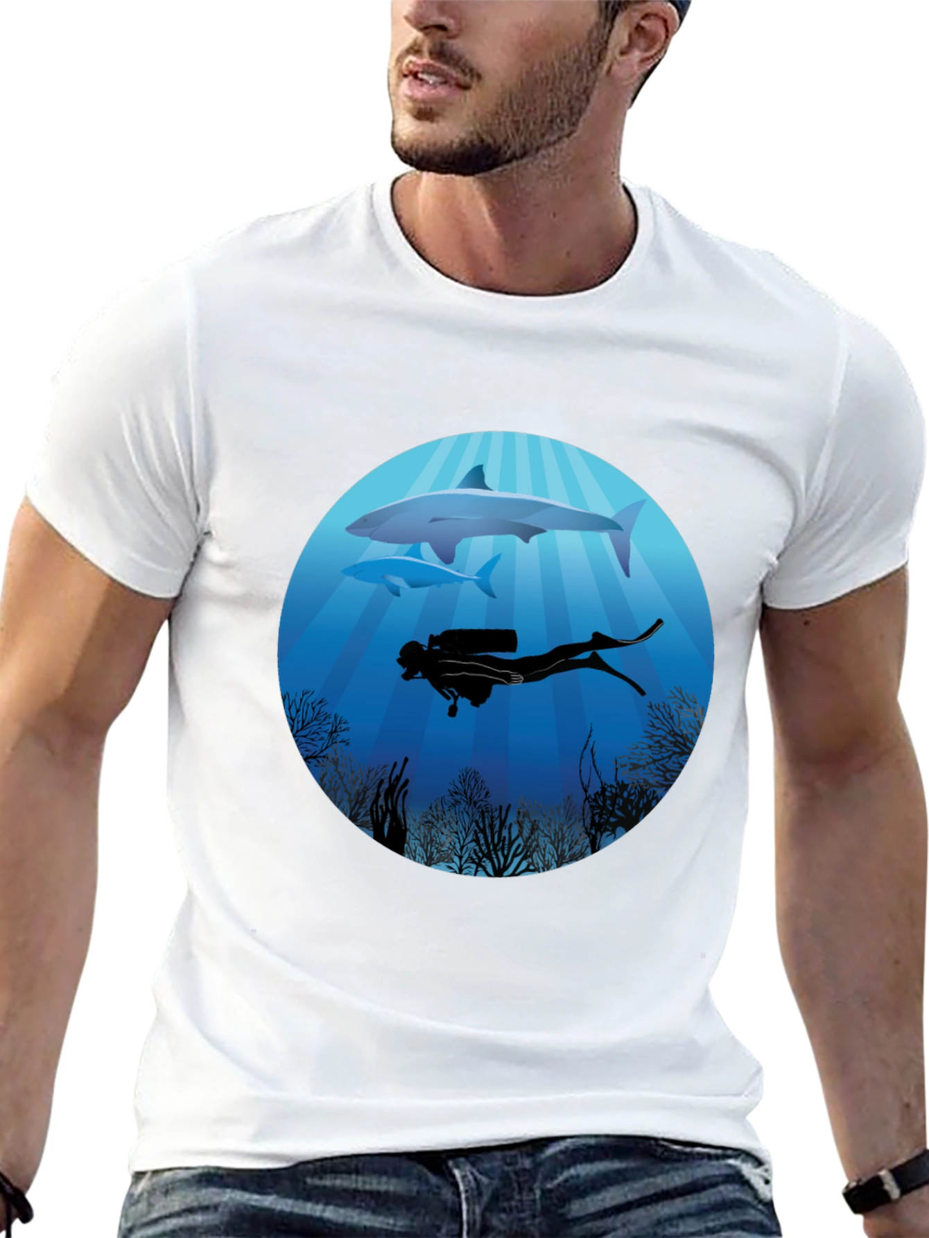 Diver & Shark Graphic Tee - Ocean Adventure Shirt