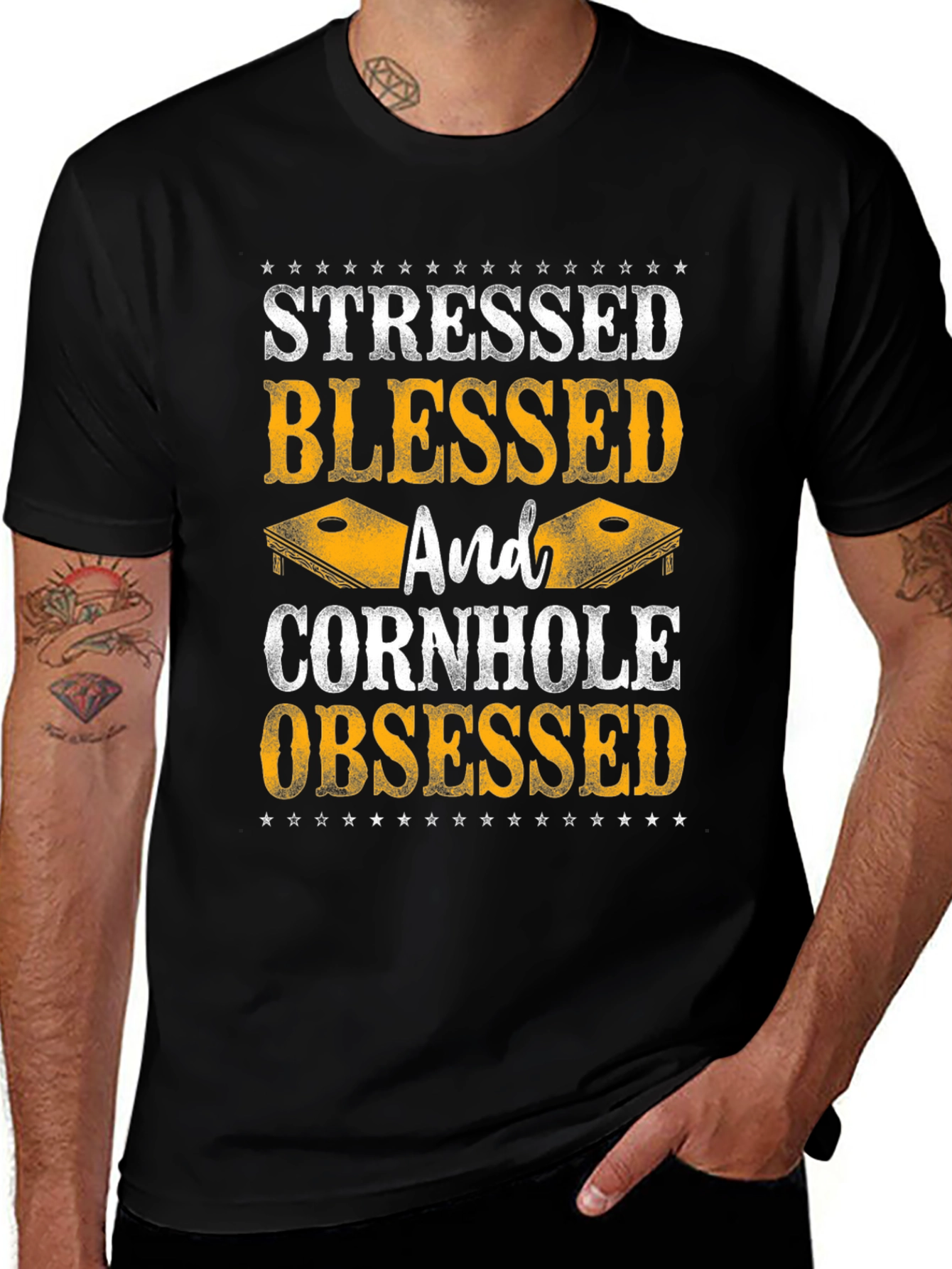 Stressed Blessed Cornhole Obsessed Graphic Tee