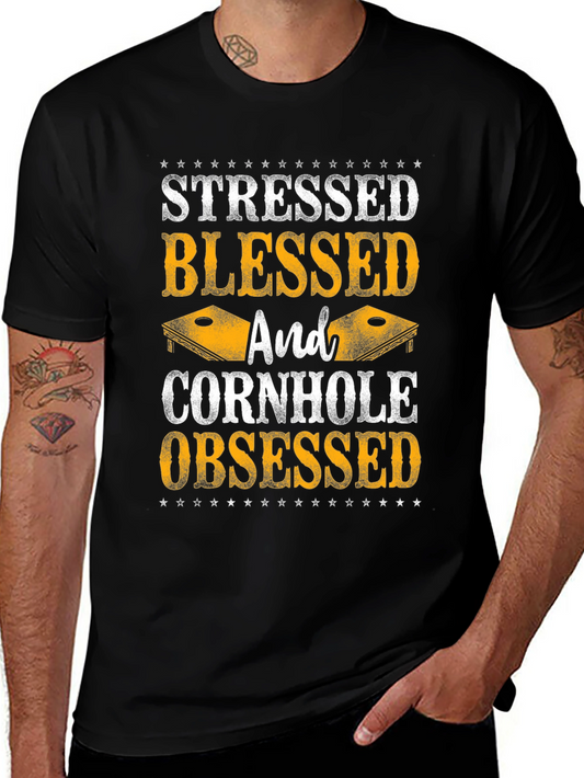 Stressed Blessed Cornhole Obsessed Graphic Tee