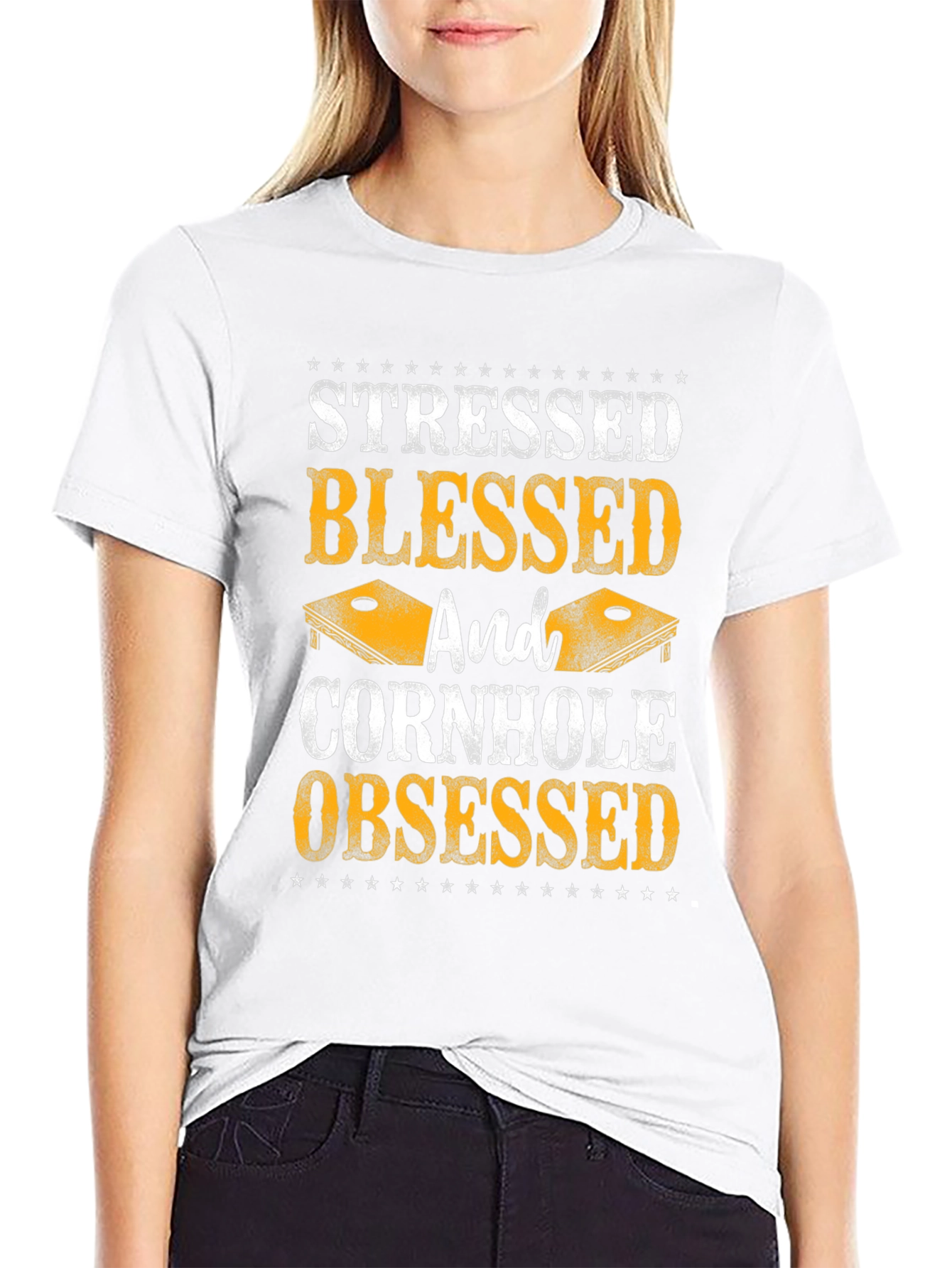 Stressed Blessed Cornhole Obsessed Graphic Tee