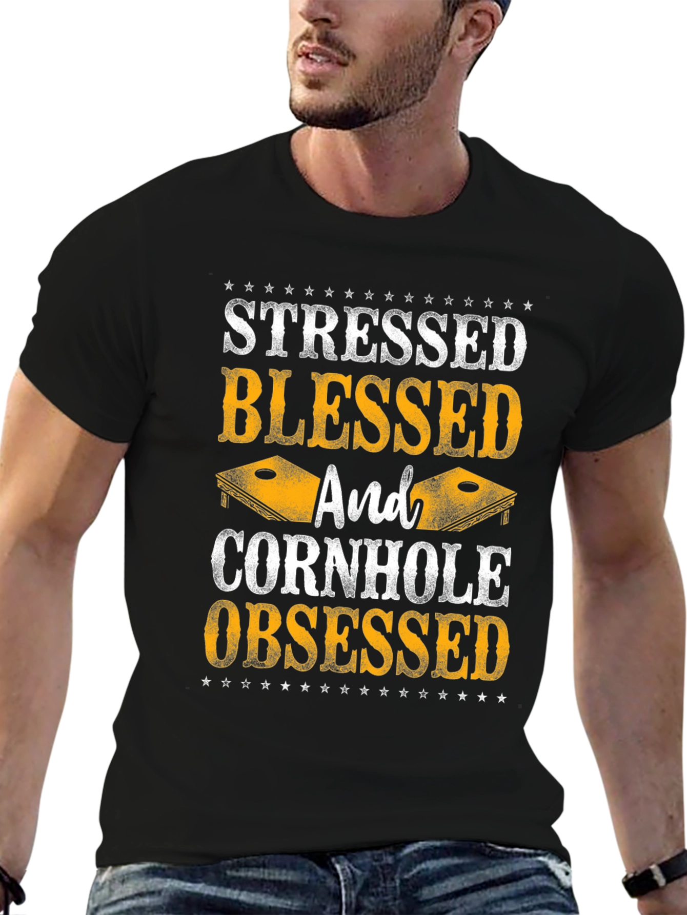 Stressed Blessed Cornhole Obsessed Graphic Tee