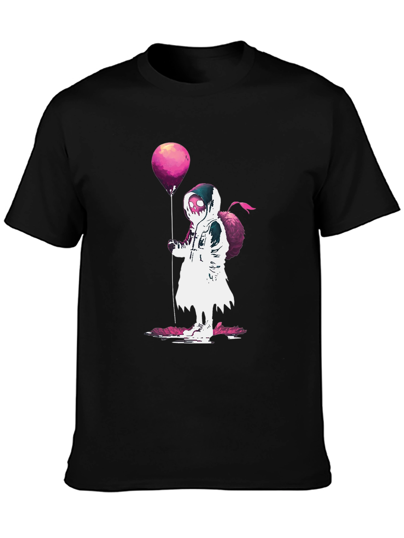 Hooded Figure Holding Balloon Graphic T-Shirt