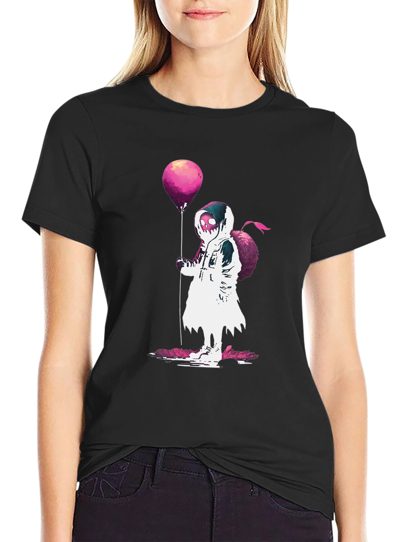 Hooded Figure Holding Balloon Graphic T-Shirt